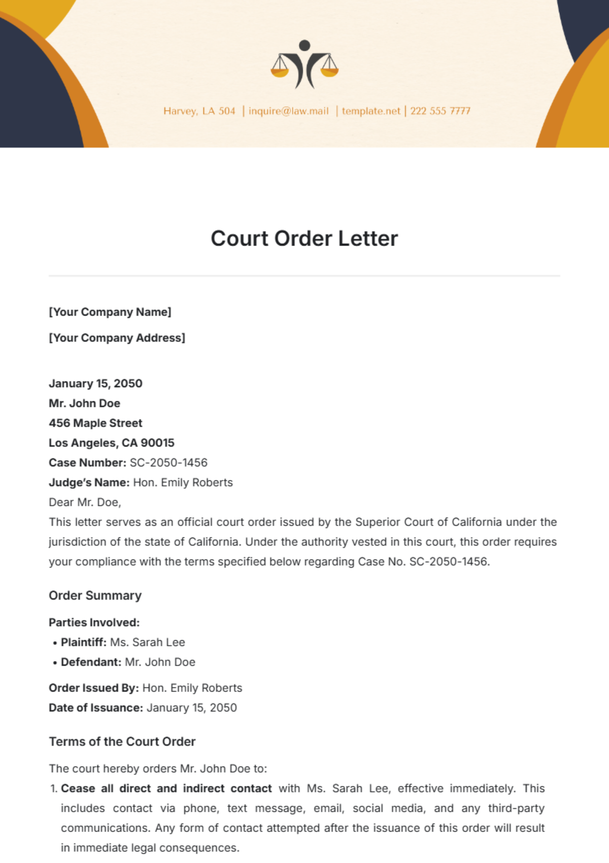 Court Order Letter Template - Edit Online & Download