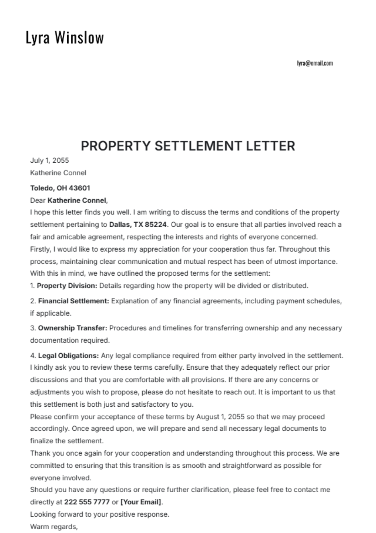 Property Settlement Letter Template - Edit Online & Download