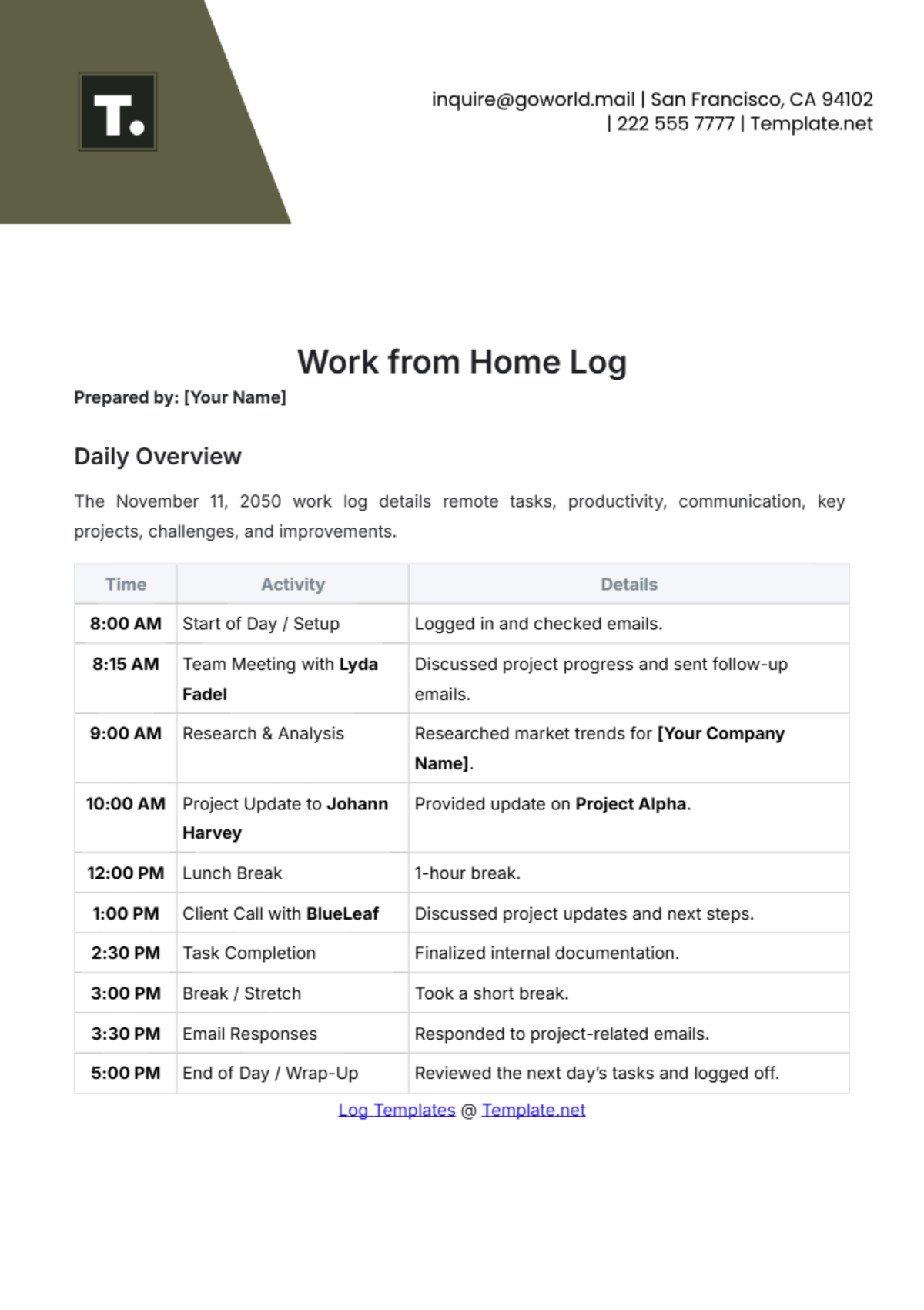 Work from Home Log Template - Edit Online & Download