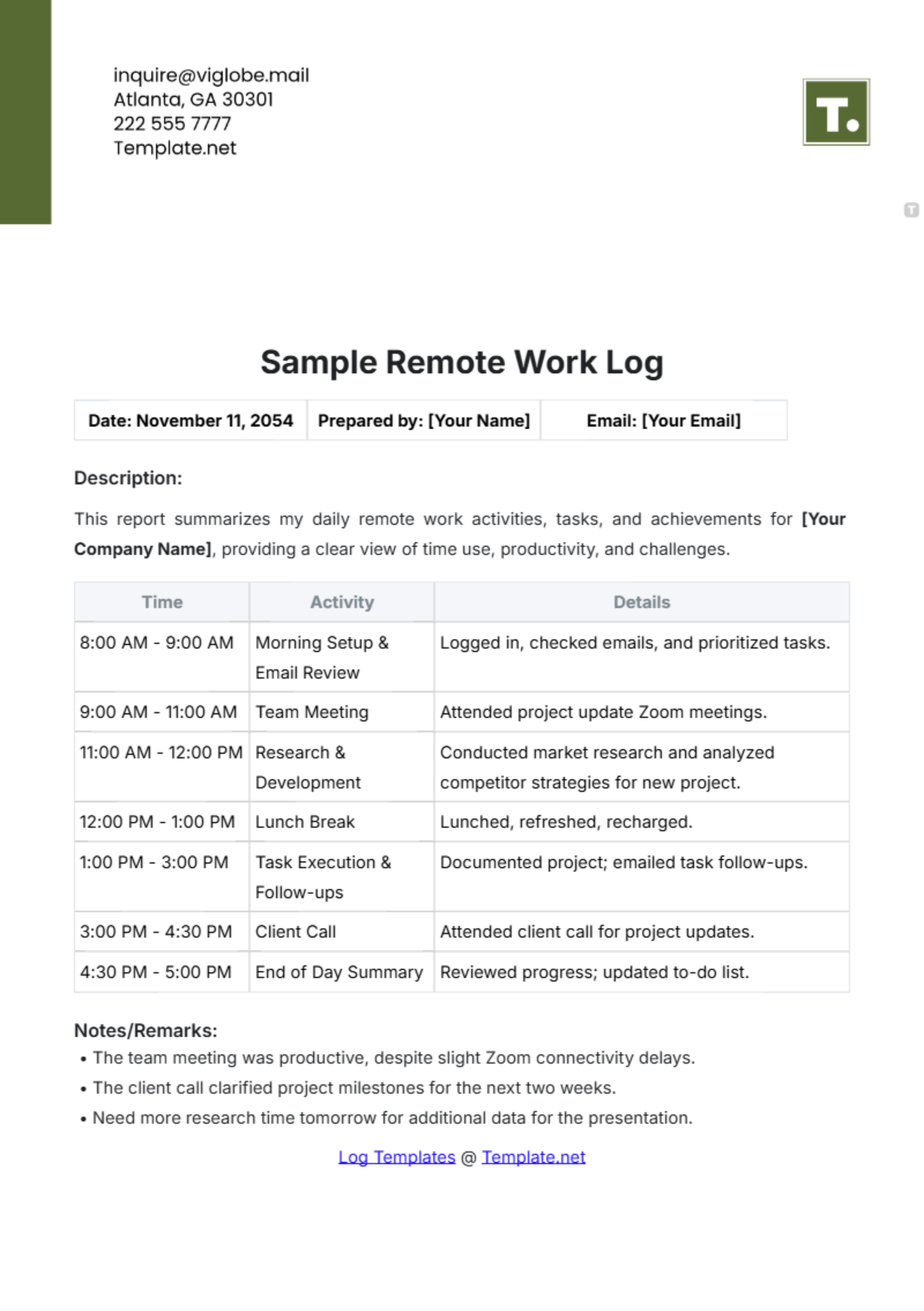 Sample Remote Work Log Template - Edit Online & Download