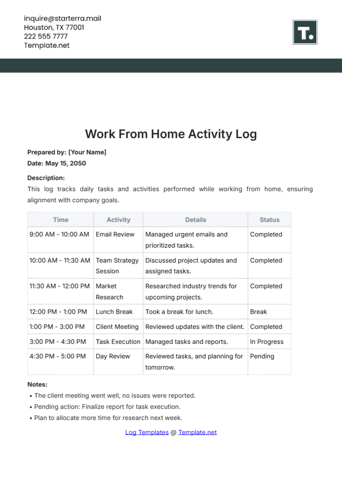 WFH Activity Log Template - Edit Online & Download