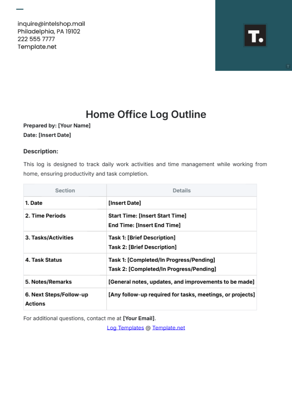 Home Office Log Outline Template - Edit Online & Download