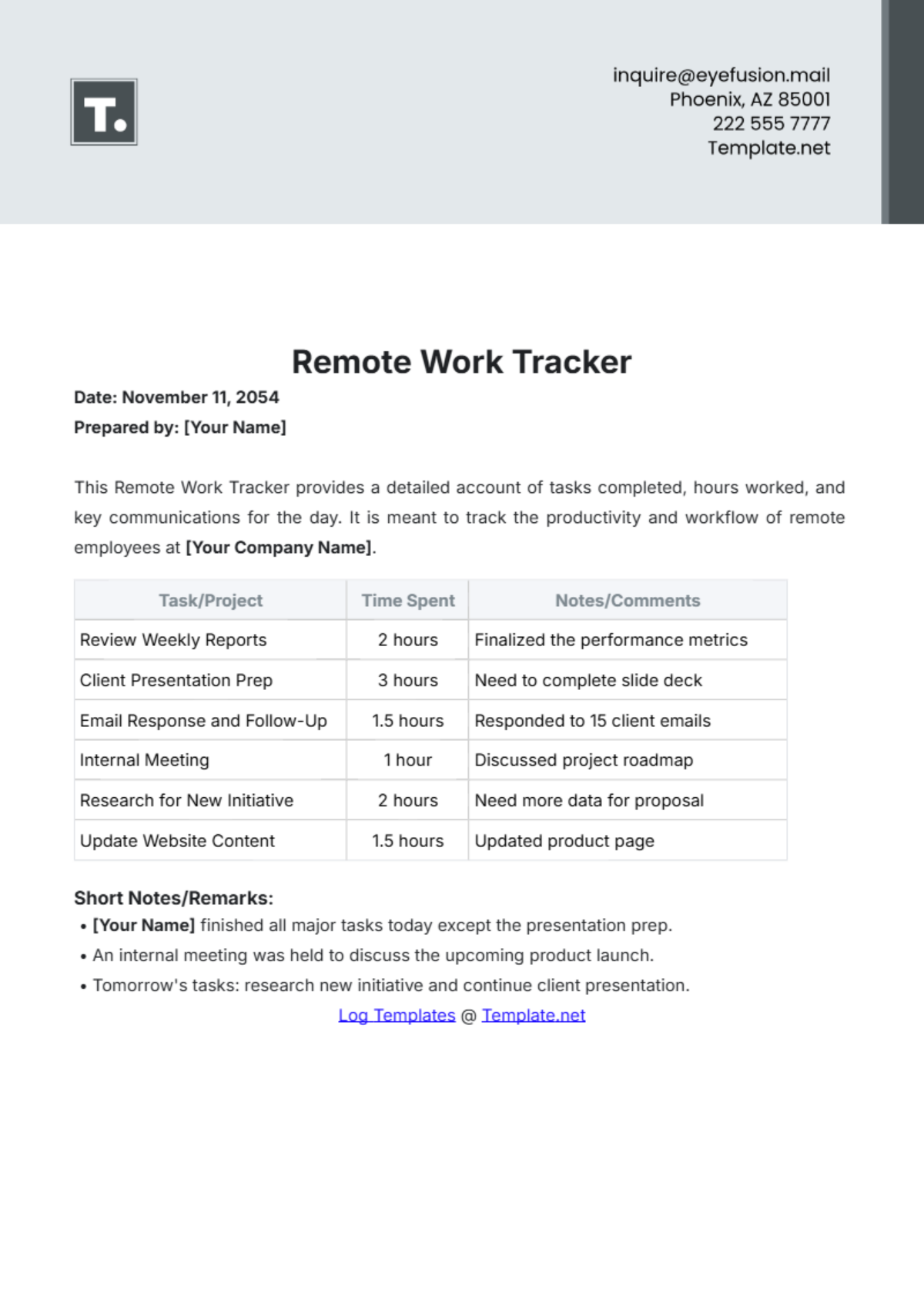 Remote Work Tracker Template - Edit Online & Download