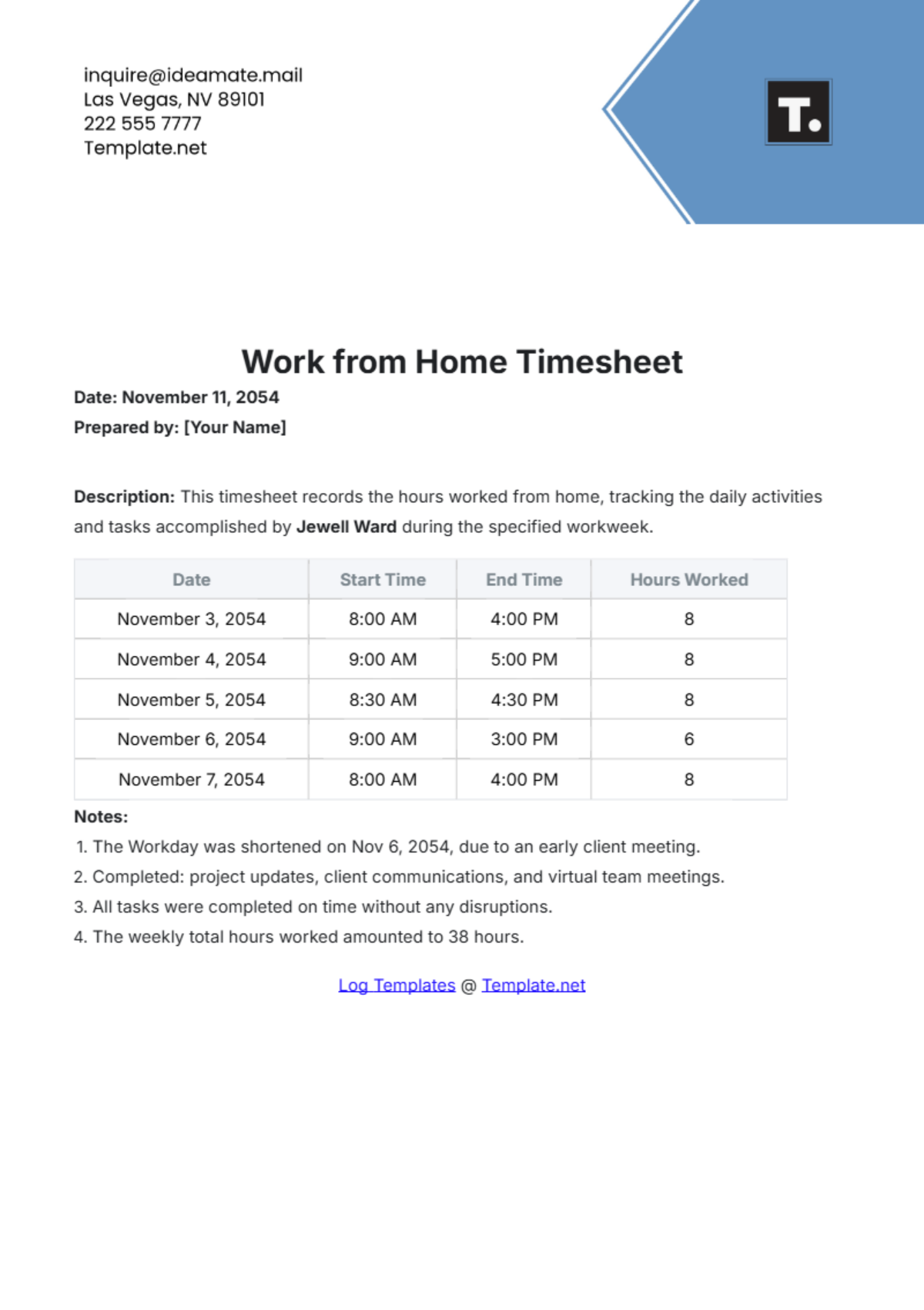 Work from Home Timesheet Template - Edit Online & Download