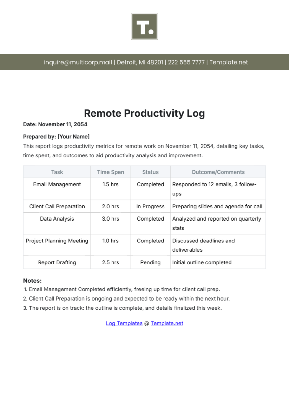 Remote Productivity Log Template - Edit Online & Download