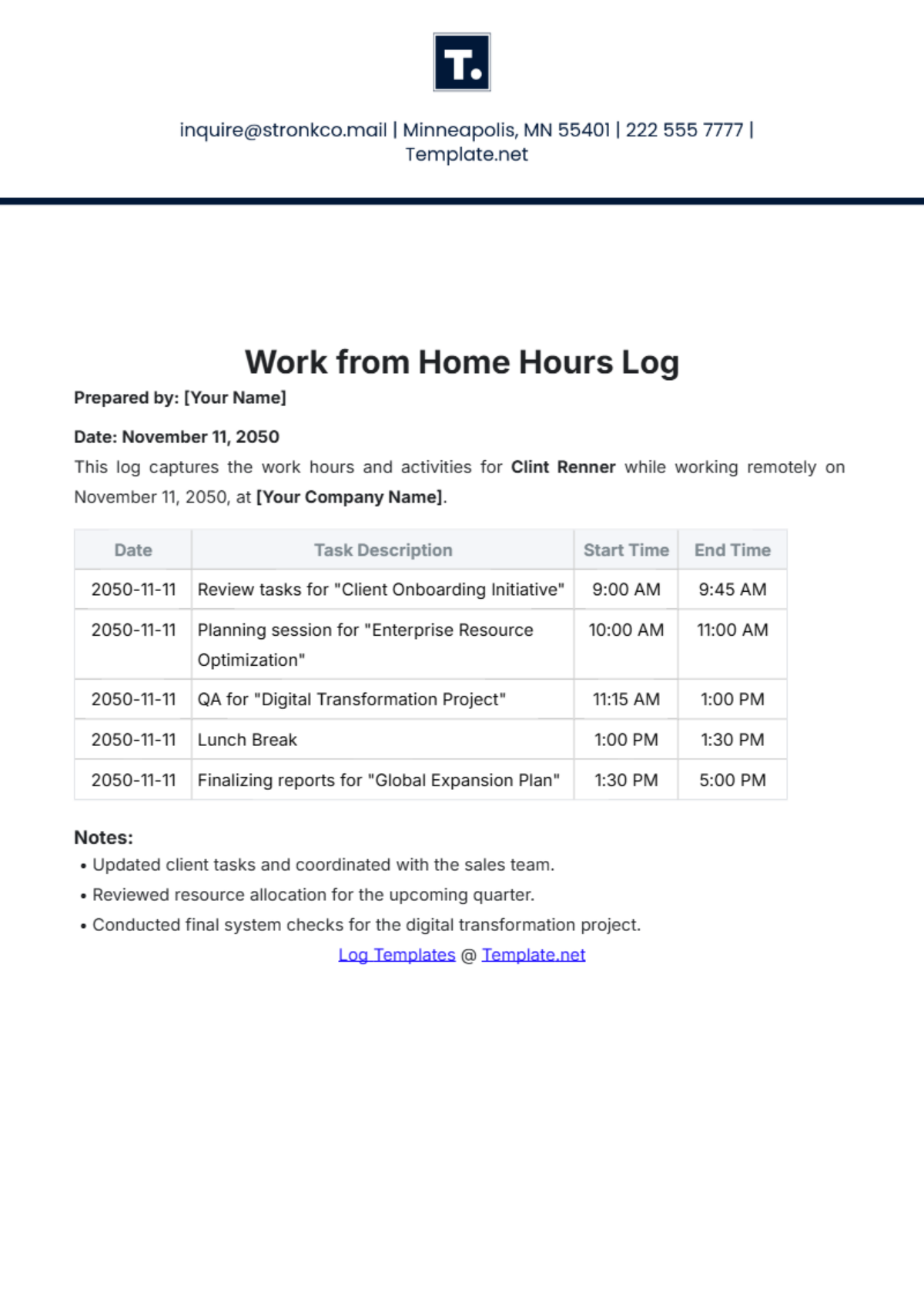 Work from Home Hours Log Template - Edit Online & Download