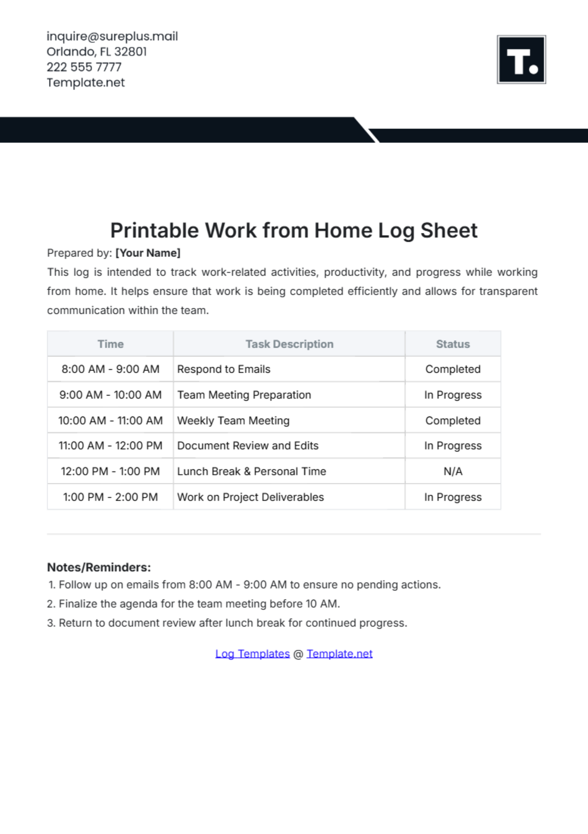 Printable Work from Home Log Sheet Template - Edit Online & Download