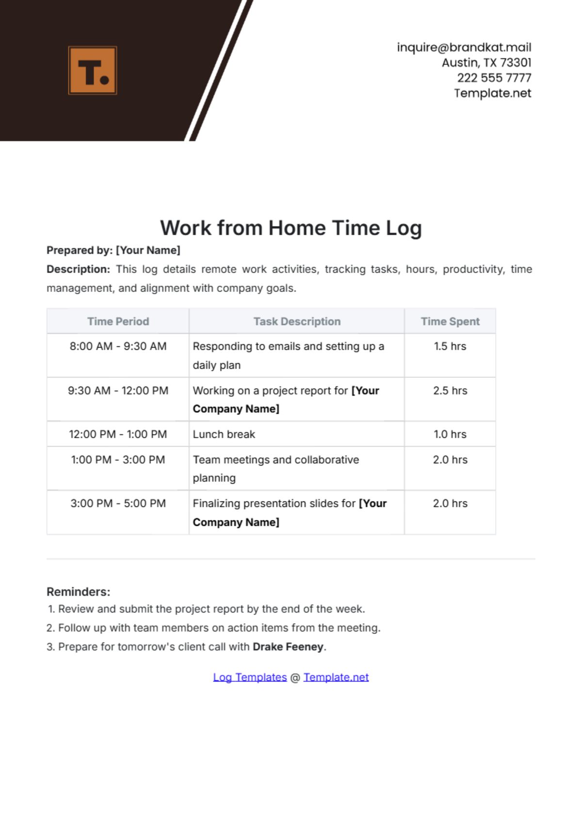 Work from Home Time Log Template - Edit Online & Download