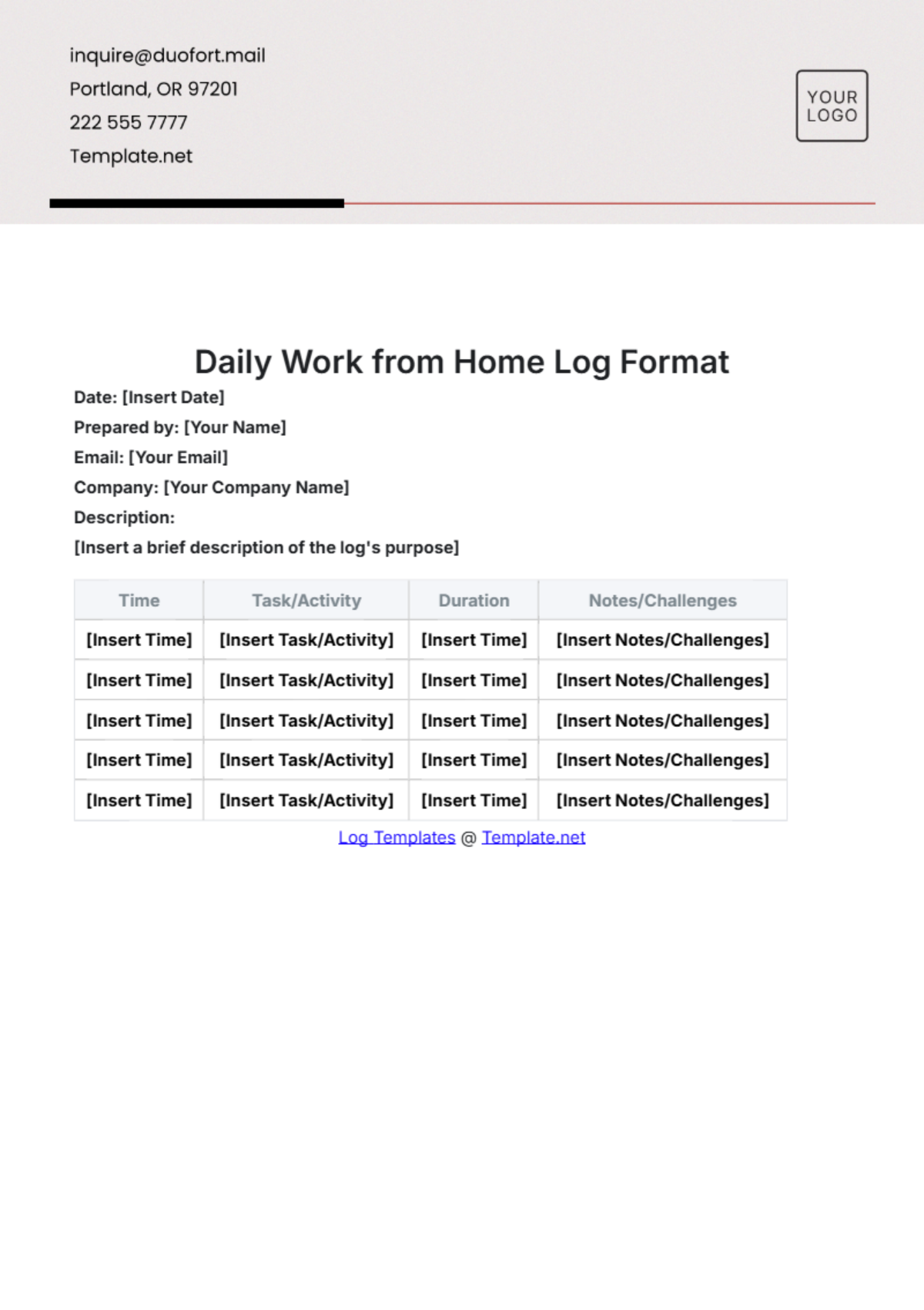 Daily Work from Home Log Format Template - Edit Online & Download