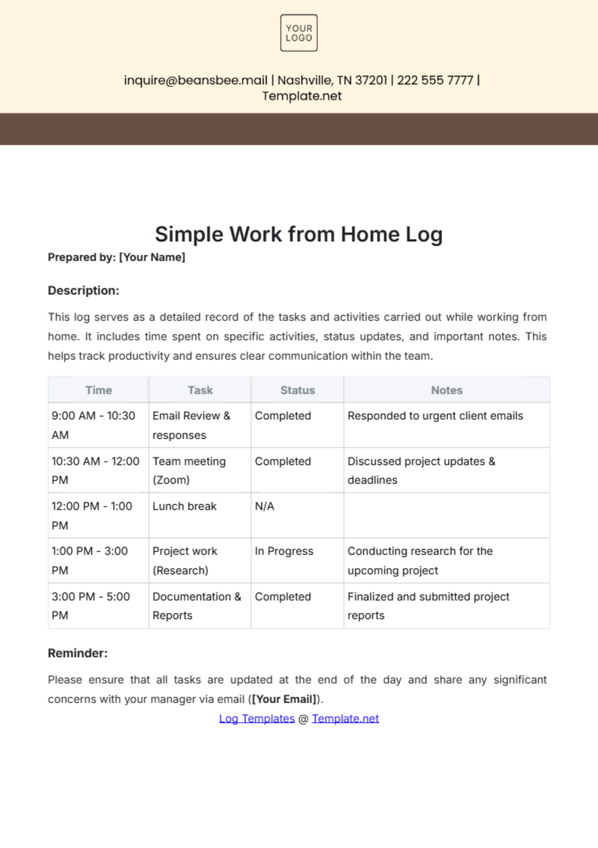 Simple Work from Home Log Template - Edit Online & Download