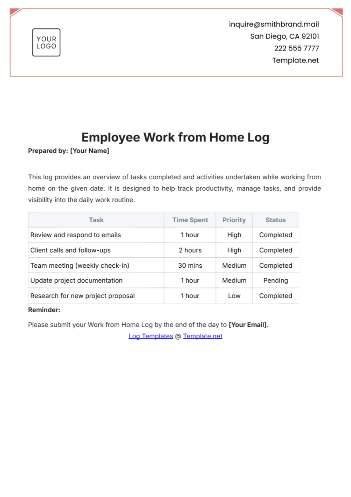 Employee Work from Home Log Template - Edit Online & Download