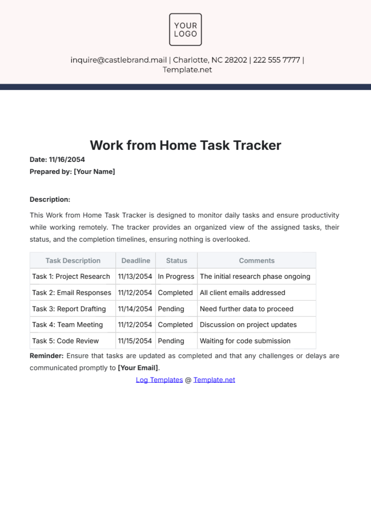 Work from Home Task Tracker Template - Edit Online & Download