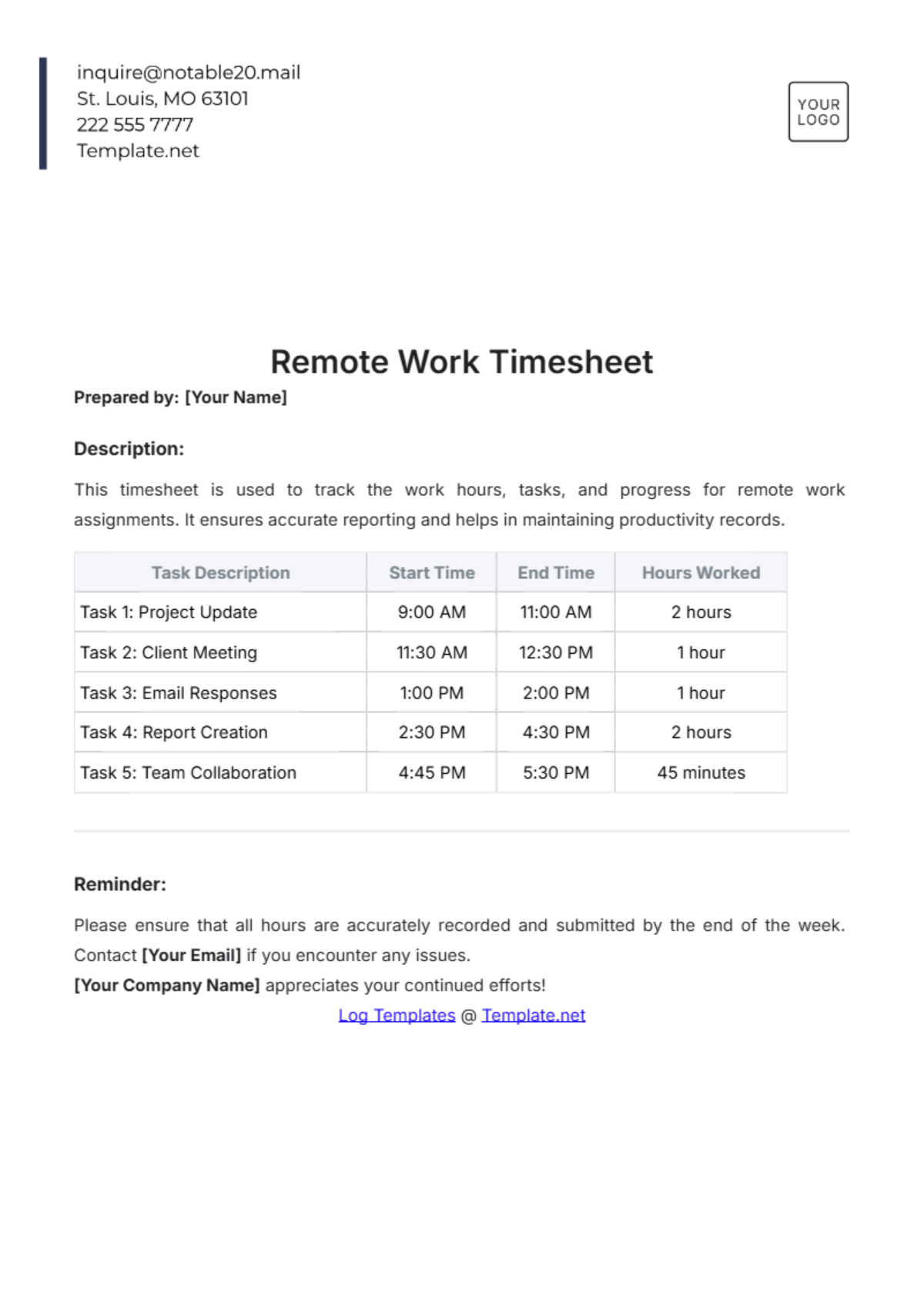 Remote Work Timesheet Template - Edit Online & Download