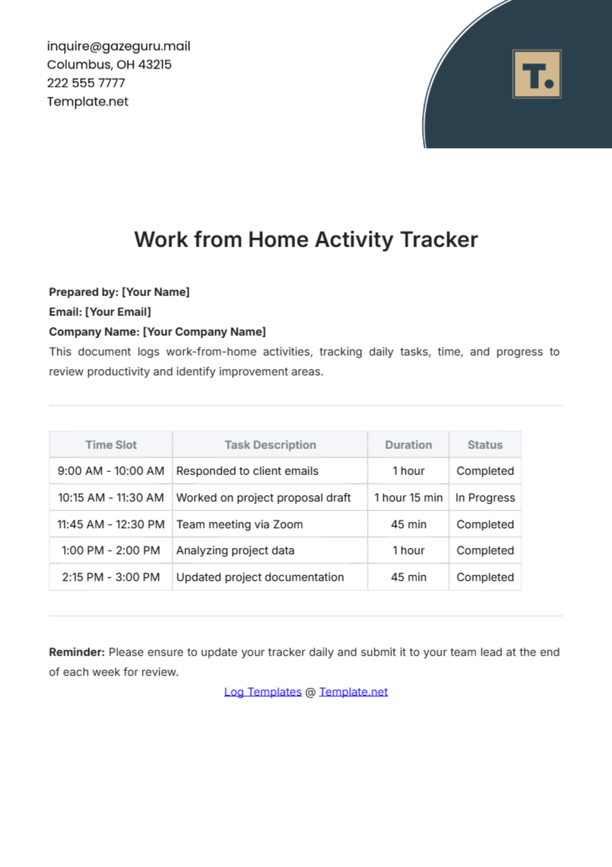 Work from Home Activity Tracker Template - Edit Online & Download