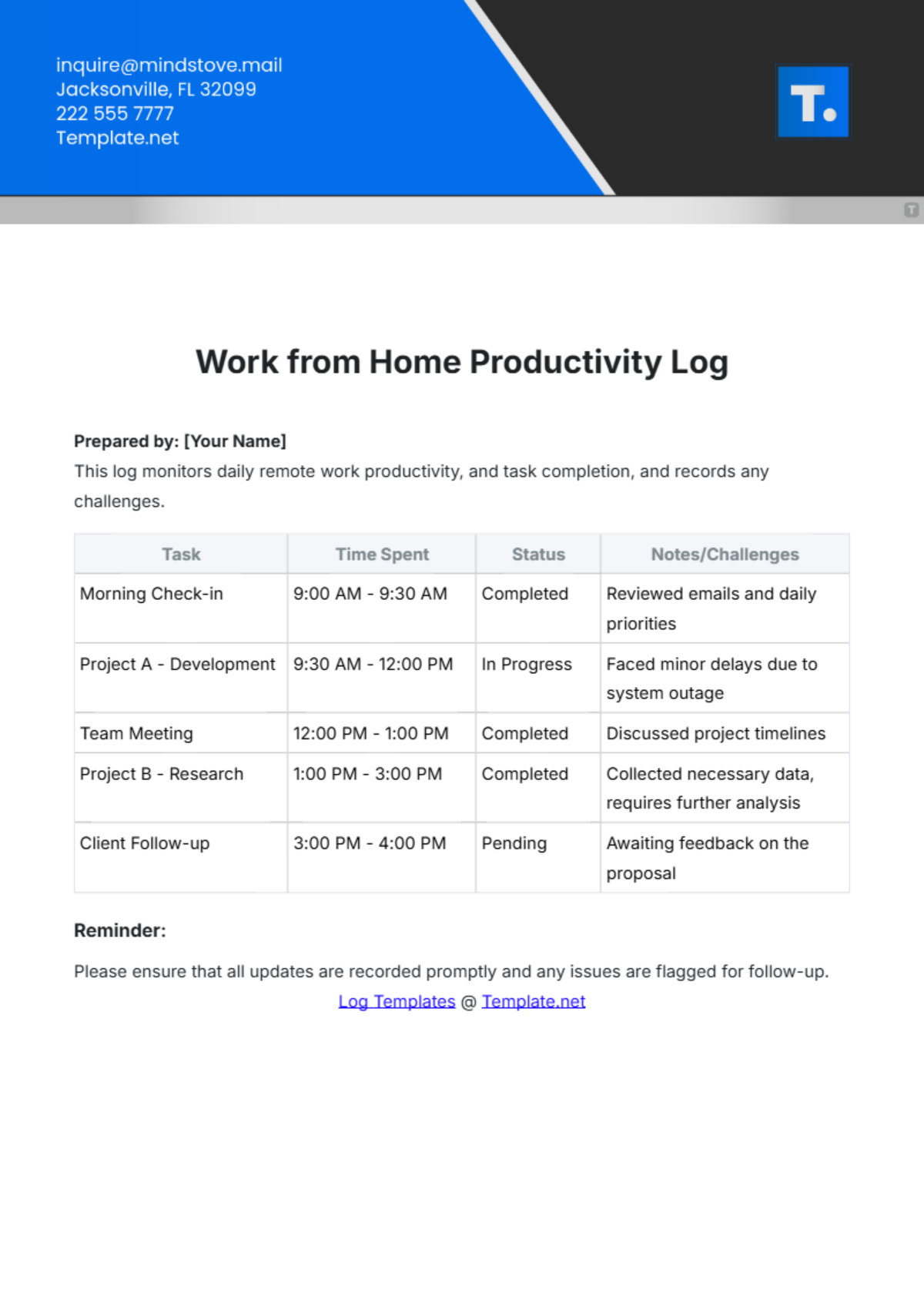 Work from Home Productivity Log Template - Edit Online & Download