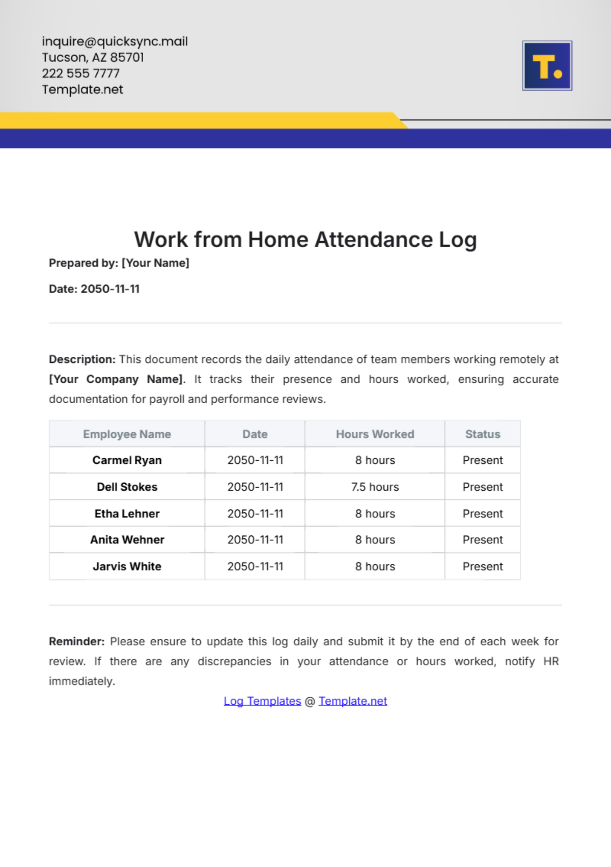 Work from Home Attendance Log Template - Edit Online & Download