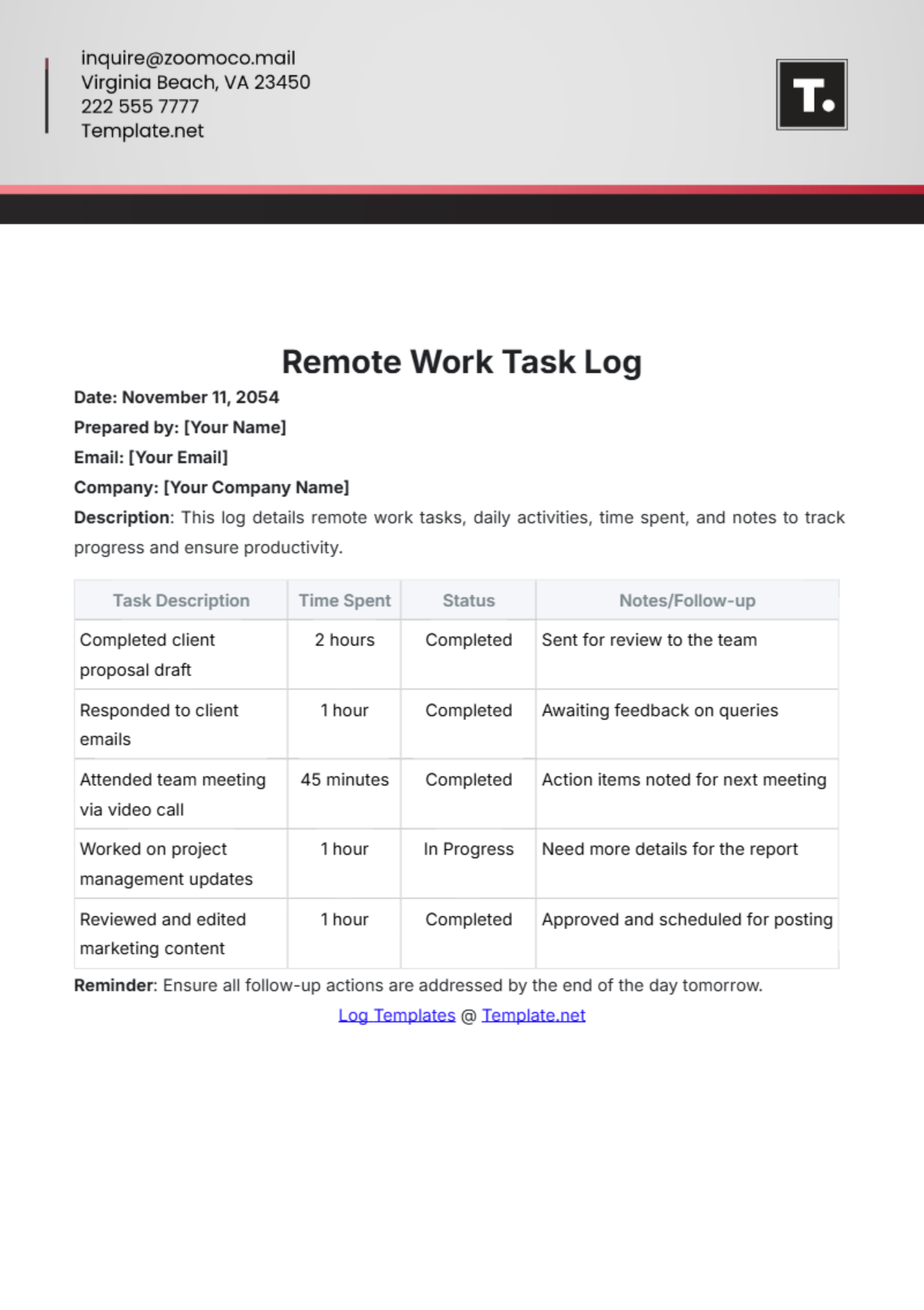 Remote Work Task Log Template - Edit Online & Download