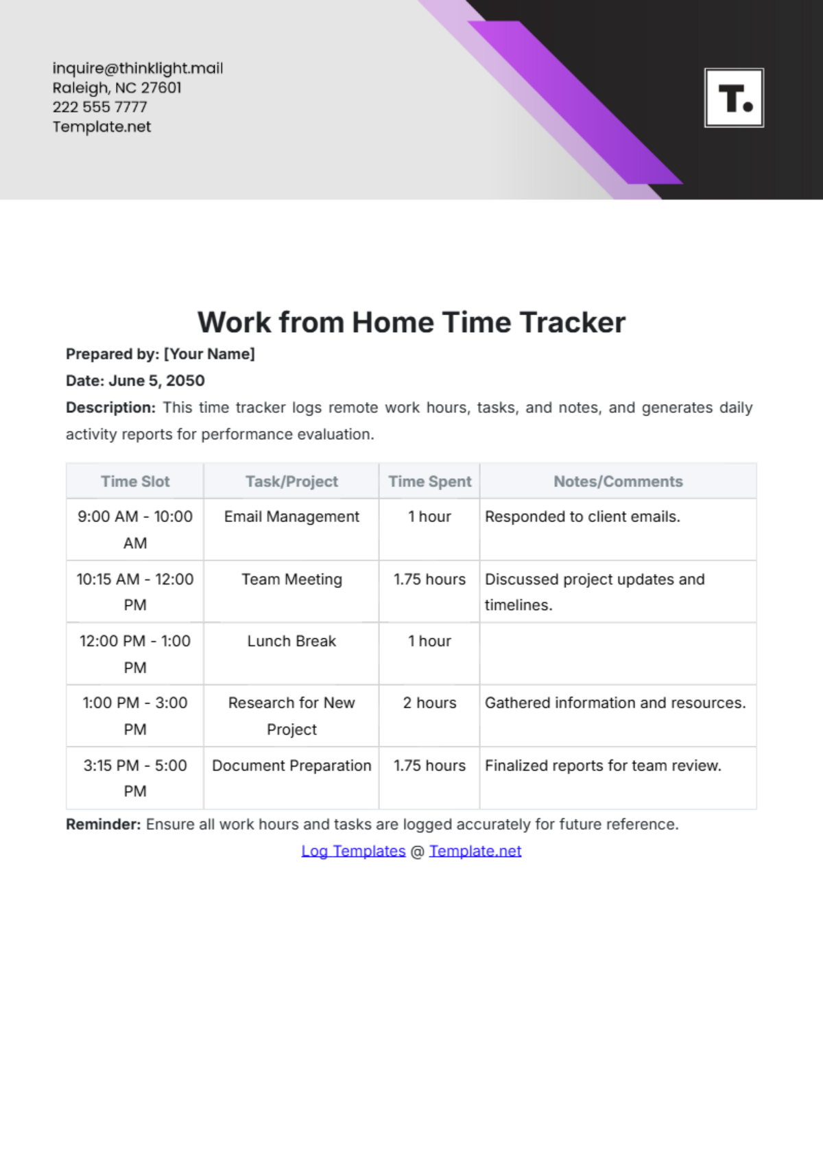 Work from Home Time Tracker Template - Edit Online & Download