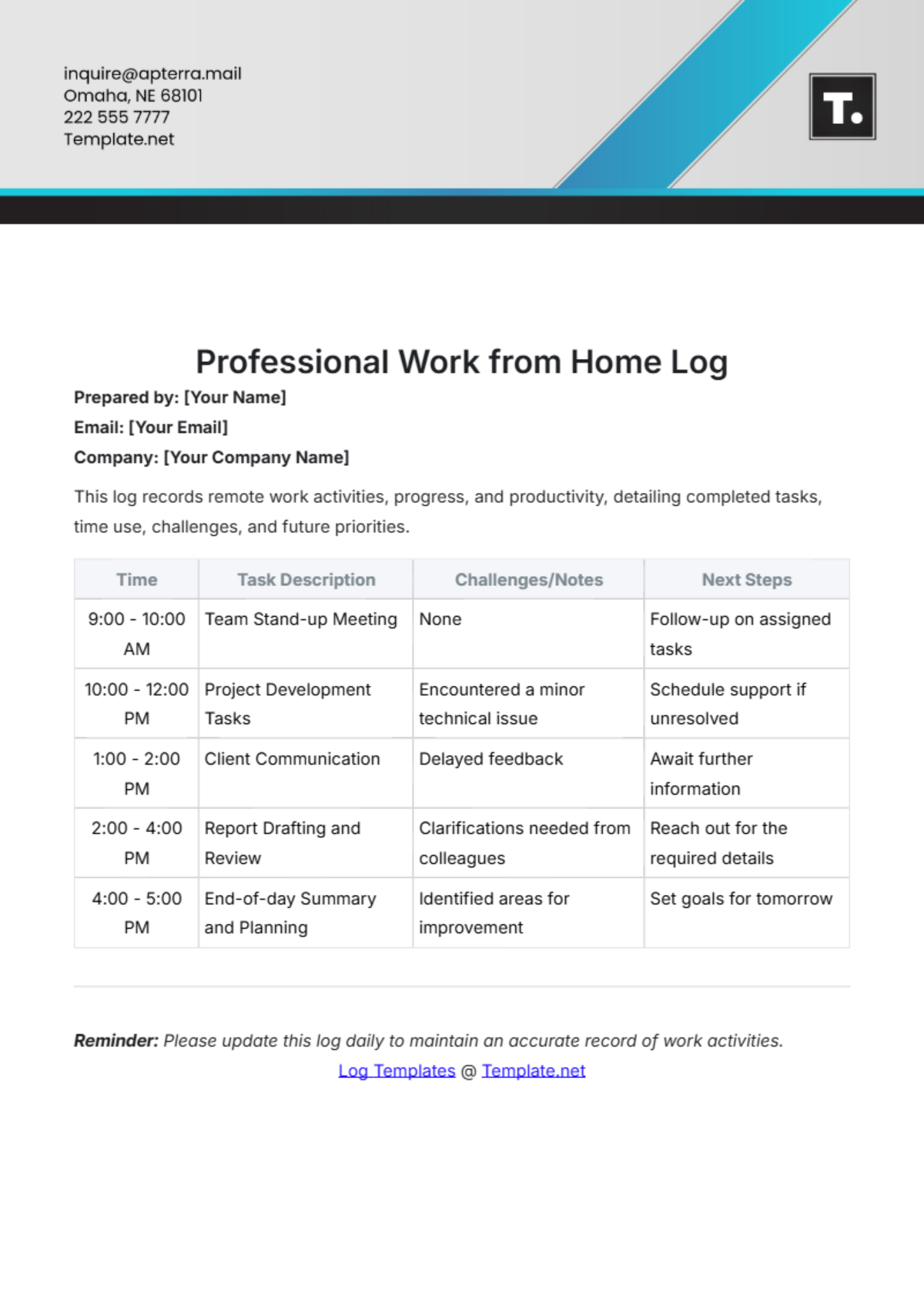 Professional WFH Log Template - Edit Online & Download