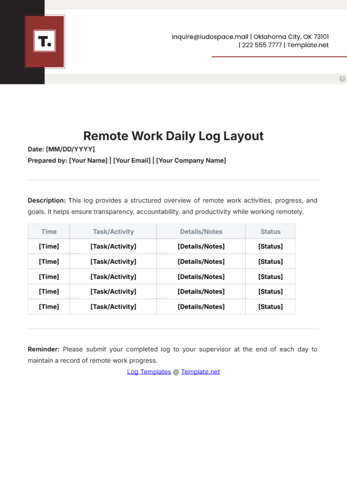 Remote Work Daily Log Layout Template - Edit Online & Download