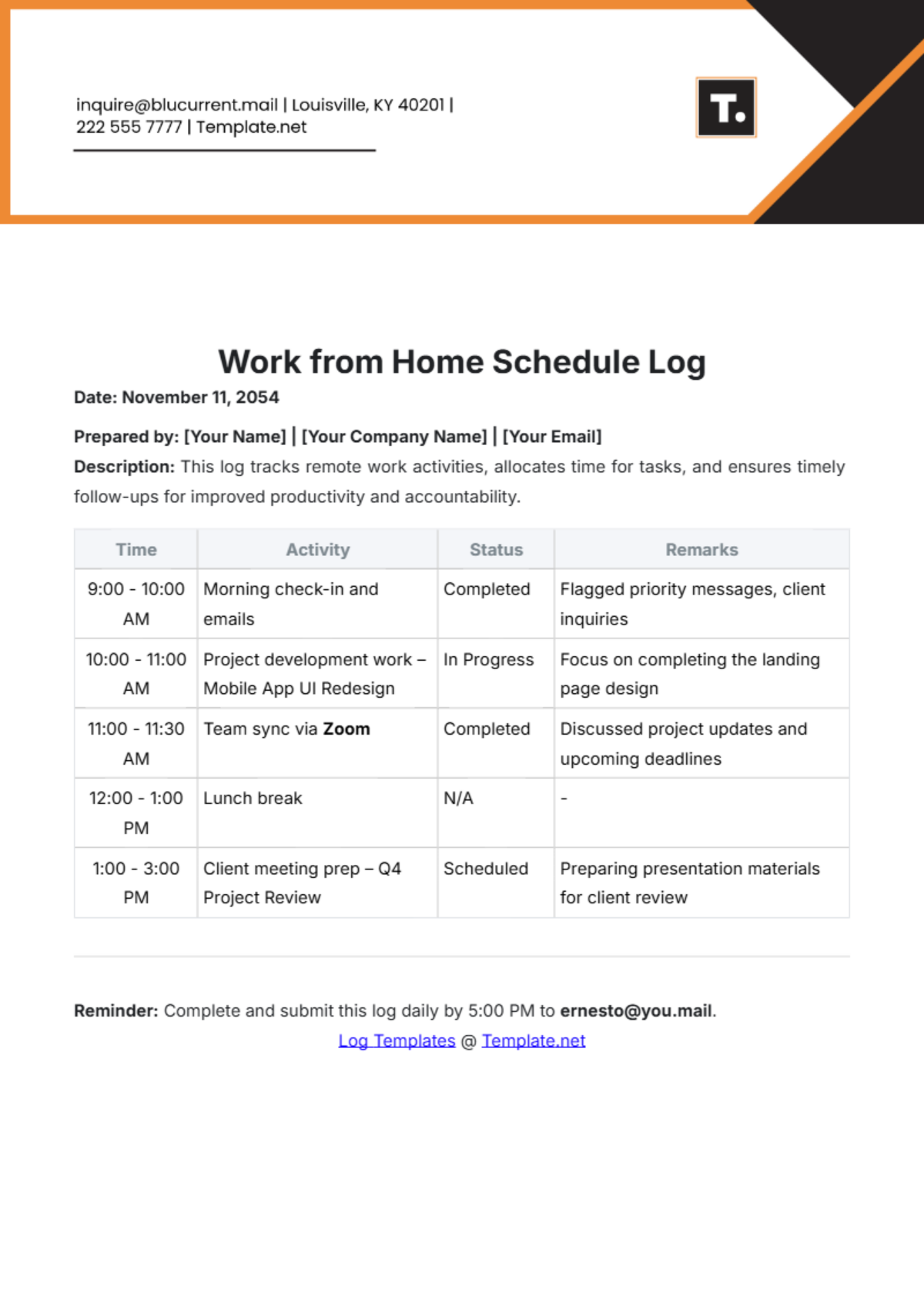 Work from Home Schedule Log Template - Edit Online & Download