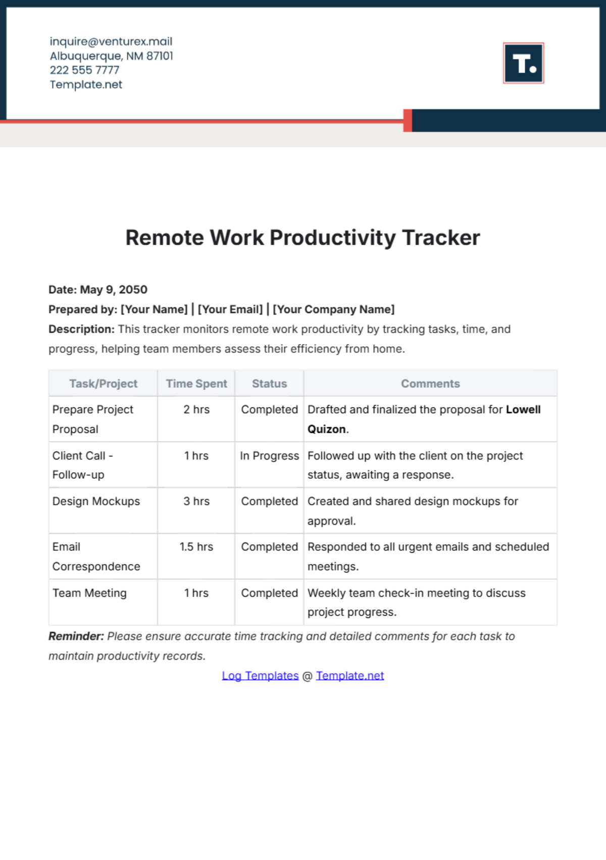 Remote Work Productivity Tracker Template