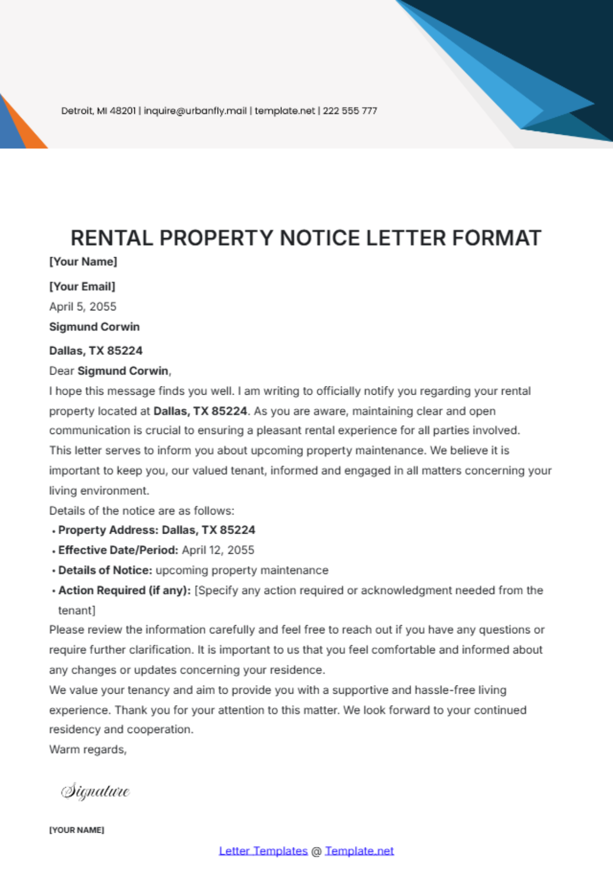 Rental Property Notice Letter Format Template - Edit Online & Download