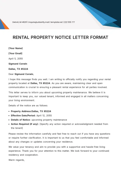 Free Rental Property Notice Letter Format Template to Edit Online