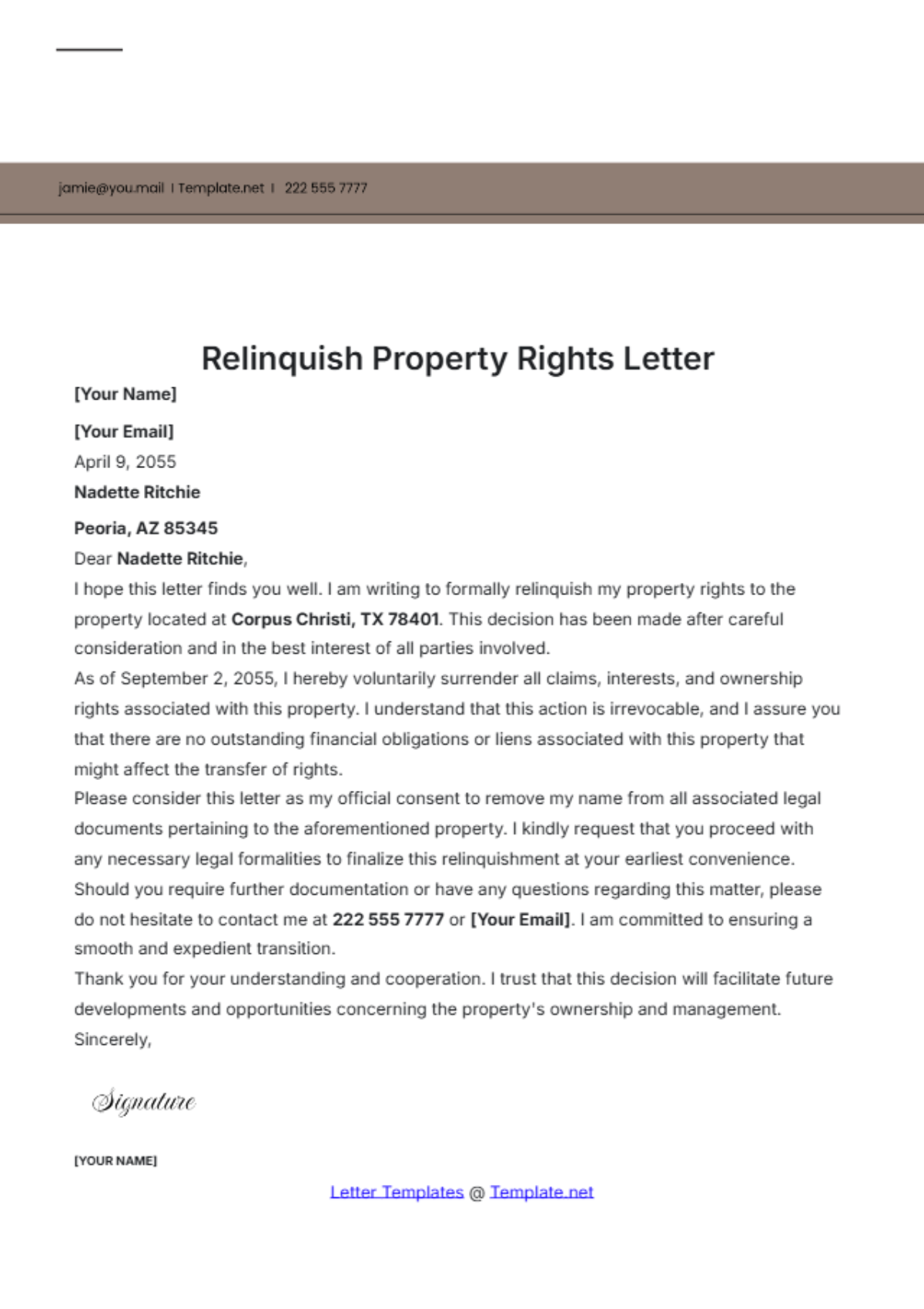 Relinquish Property Rights Letter Template - Edit Online & Download