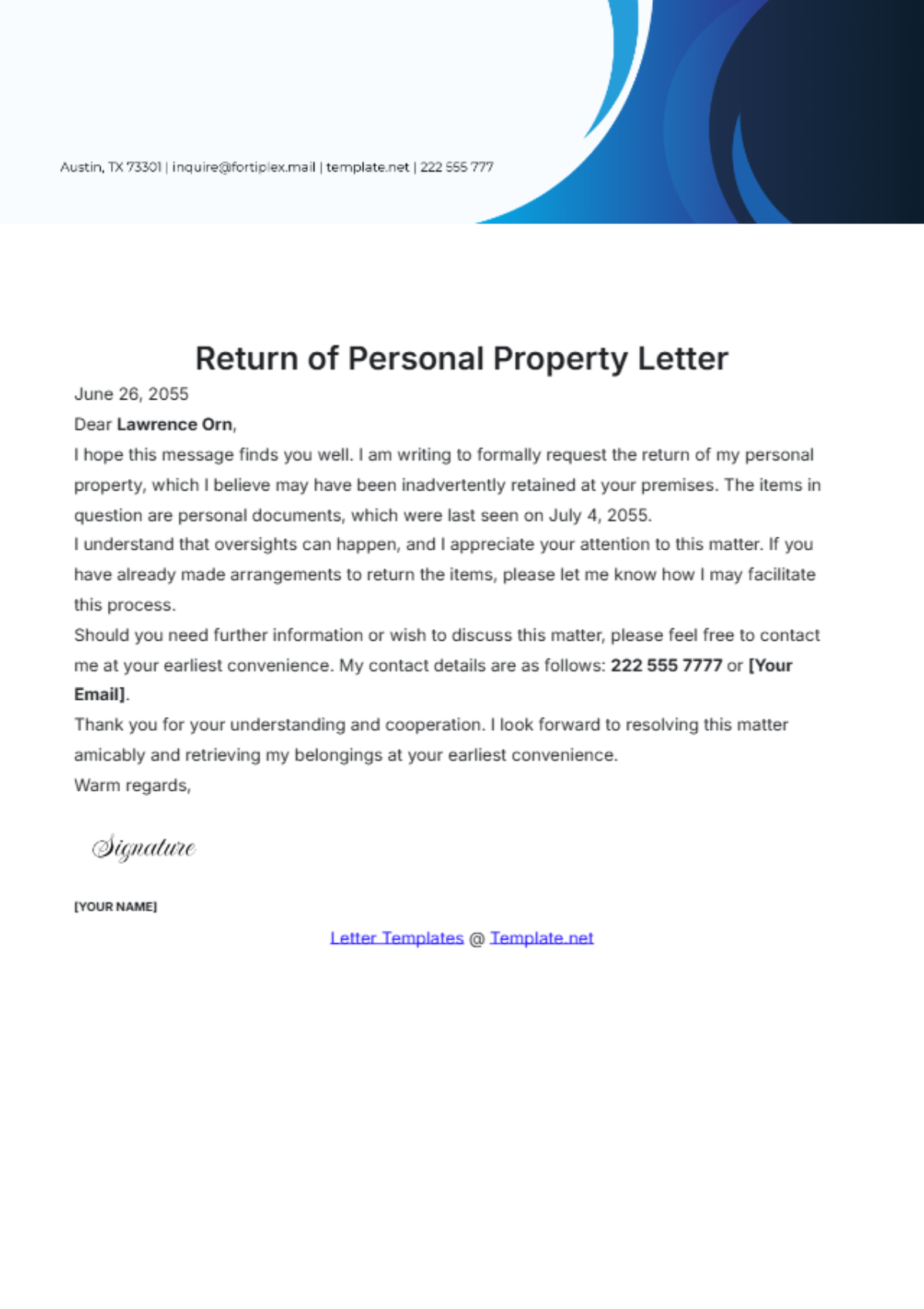 Return of Personal Property Letter Template - Edit Online & Download