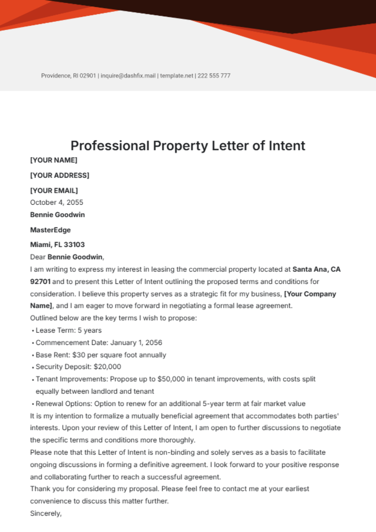 Professional Property Letter of Intent Template - Edit Online & Download