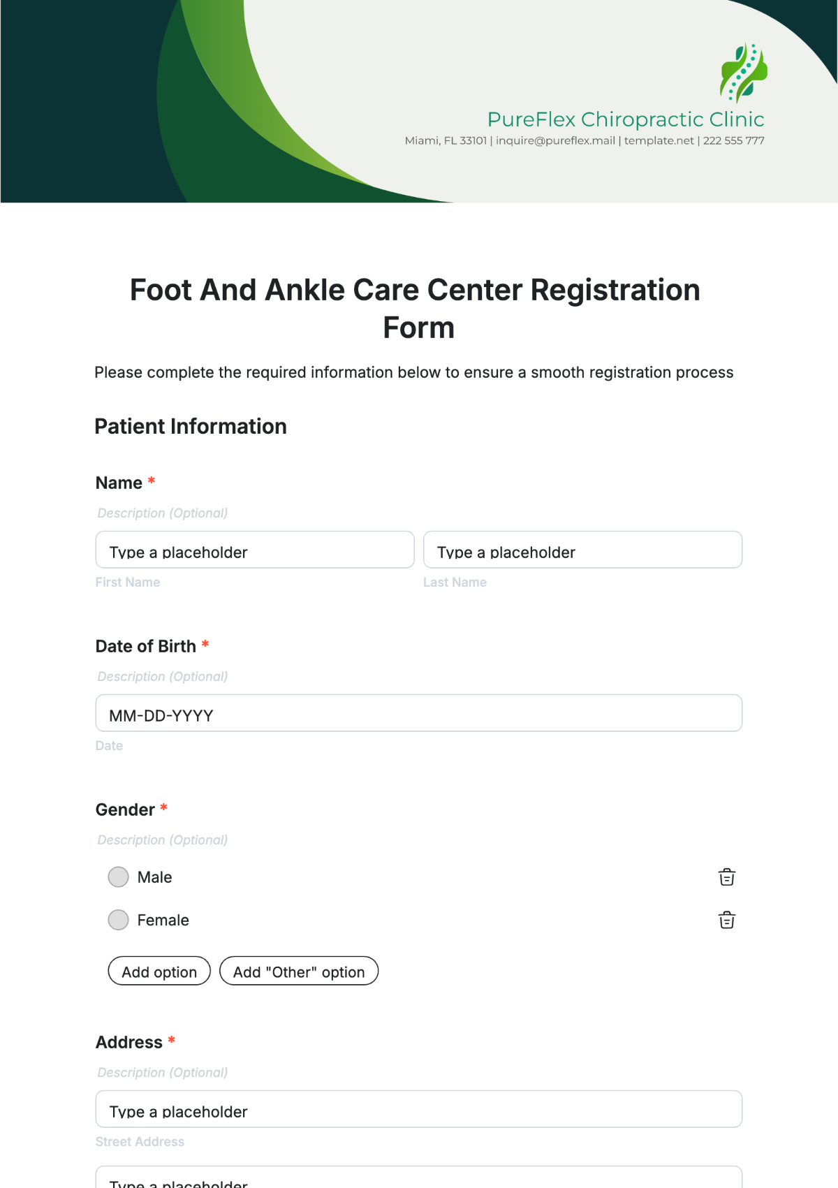 Foot And Ankle Care Center Registration Form Template - Edit Online & Download