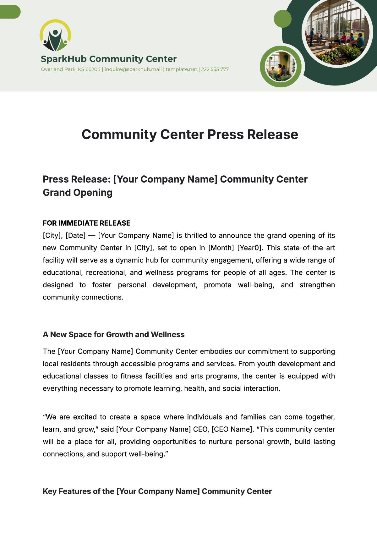 Community Center Press Release Template - Edit Online & Download