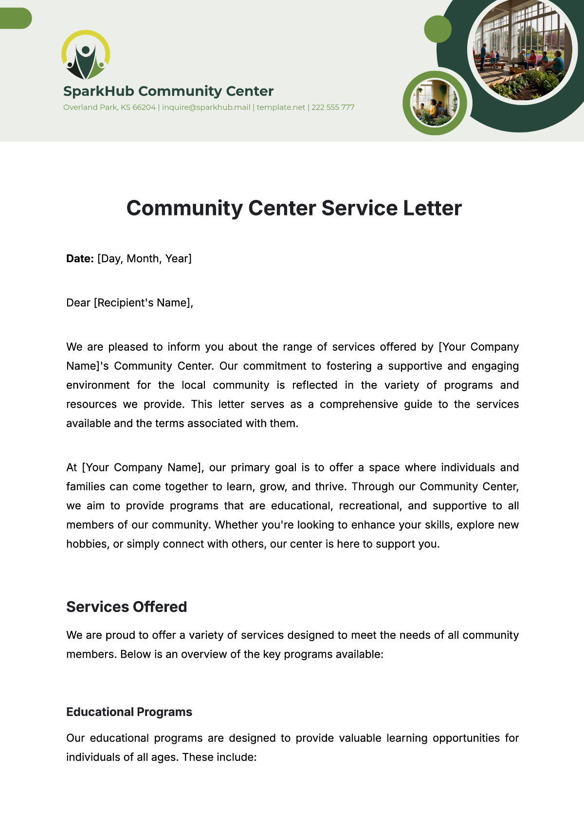 Community Center Service Letter Template - Edit Online & Download