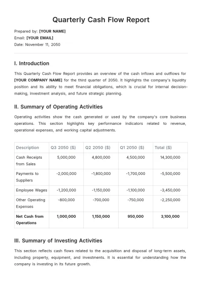 Free Quarterly Cash Flow Report Template to Edit Online