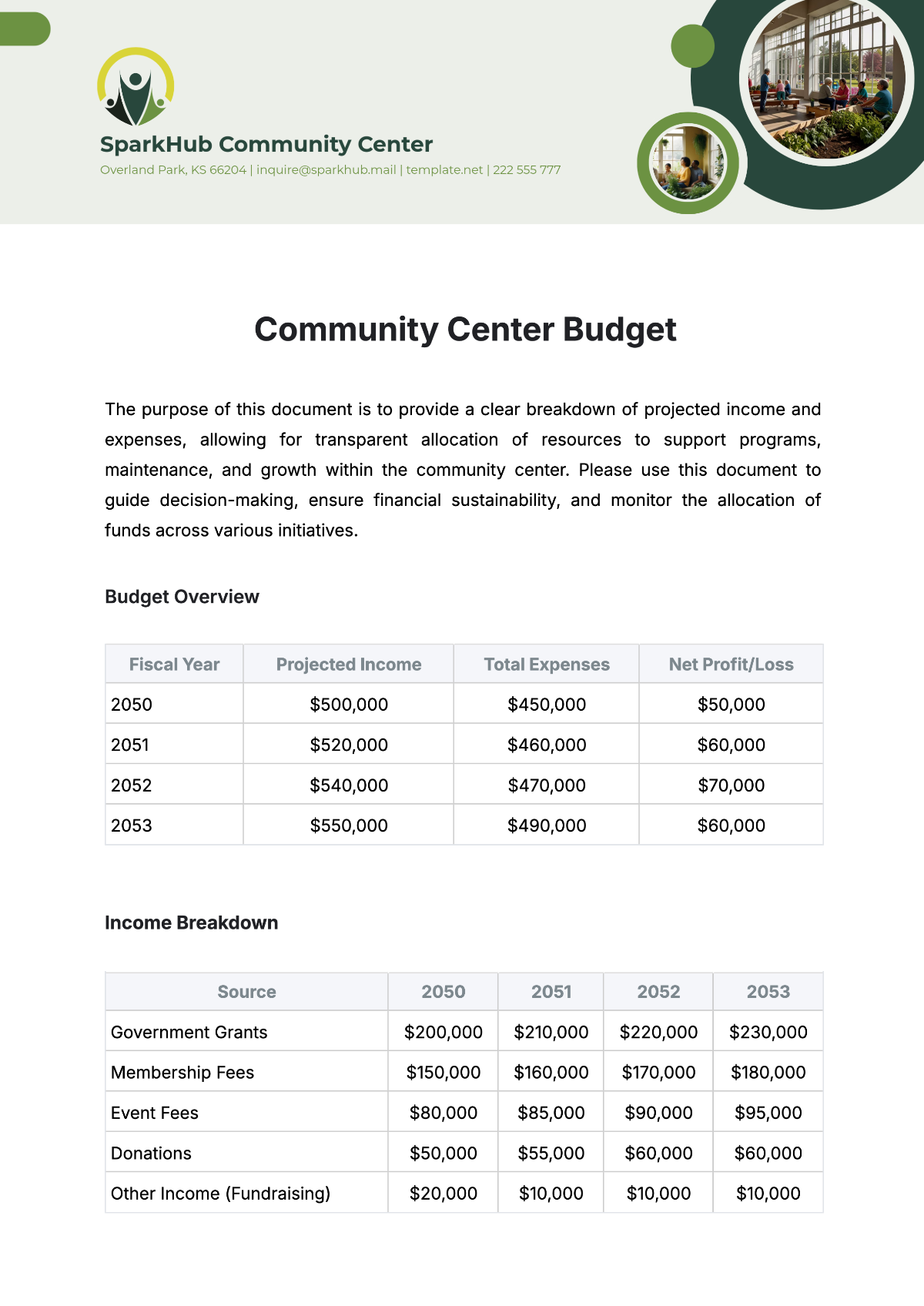 Community Center Budget Template - Edit Online & Download