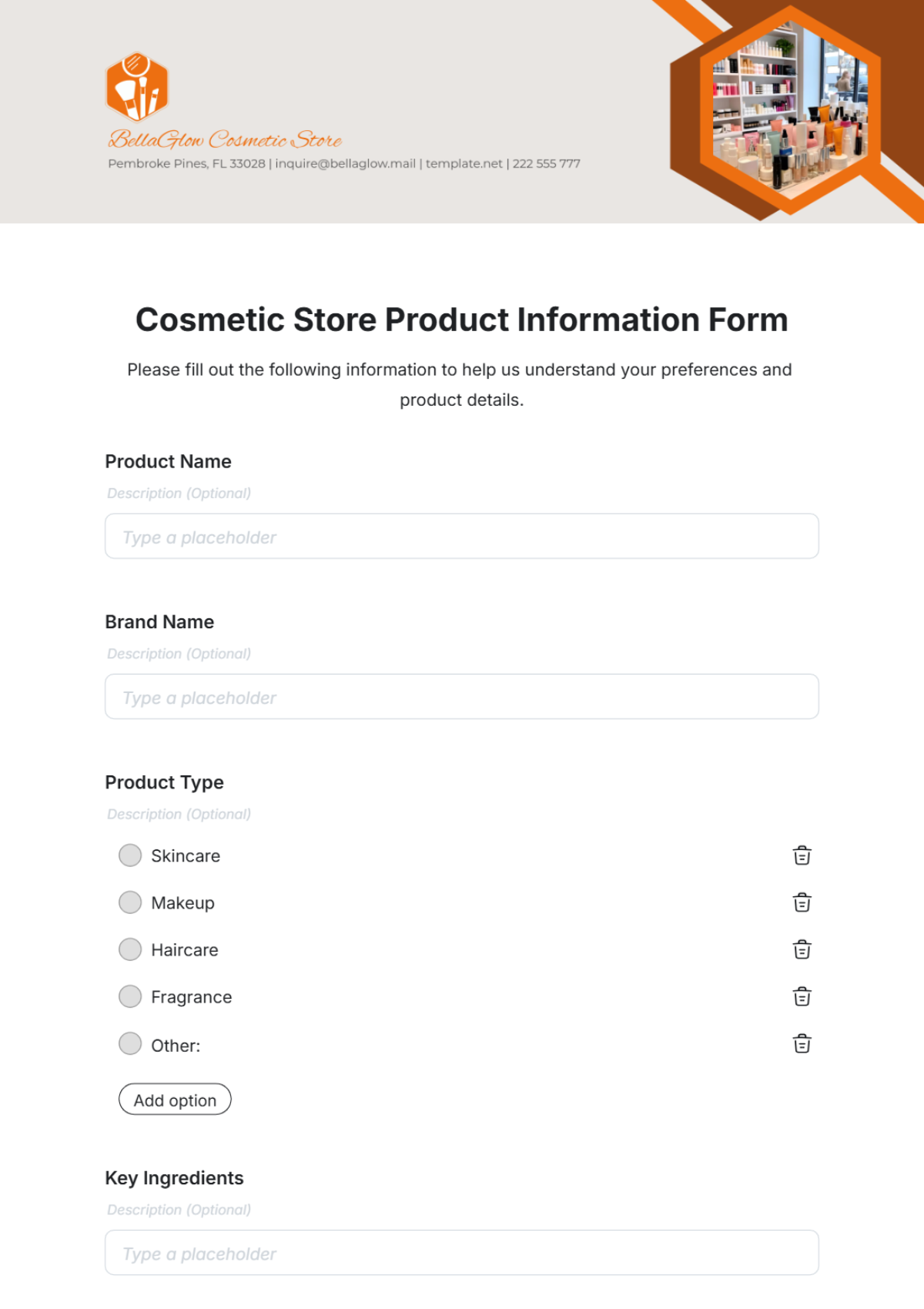 Cosmetic Store Product Information Form Template - Edit Online & Download