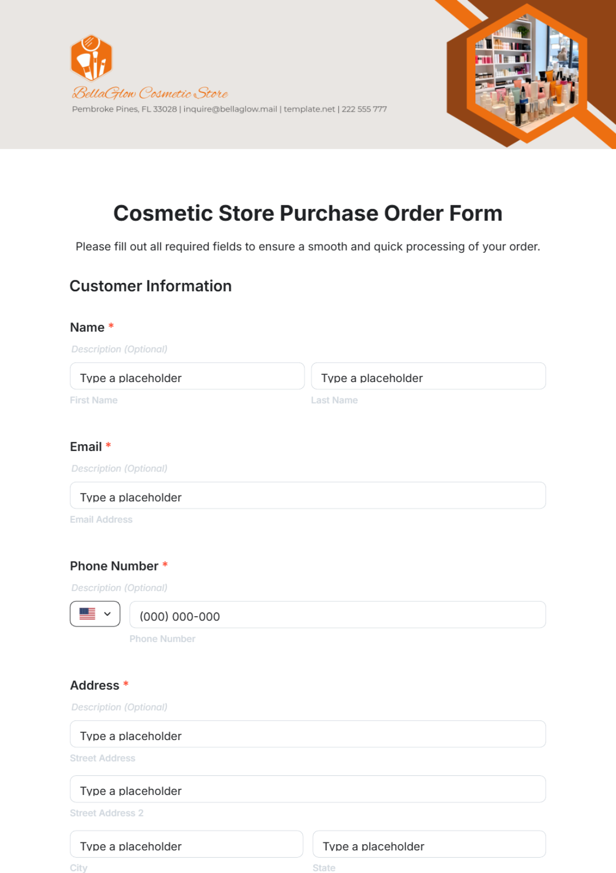 Cosmetic Store Purchase Order Form Template - Edit Online & Download