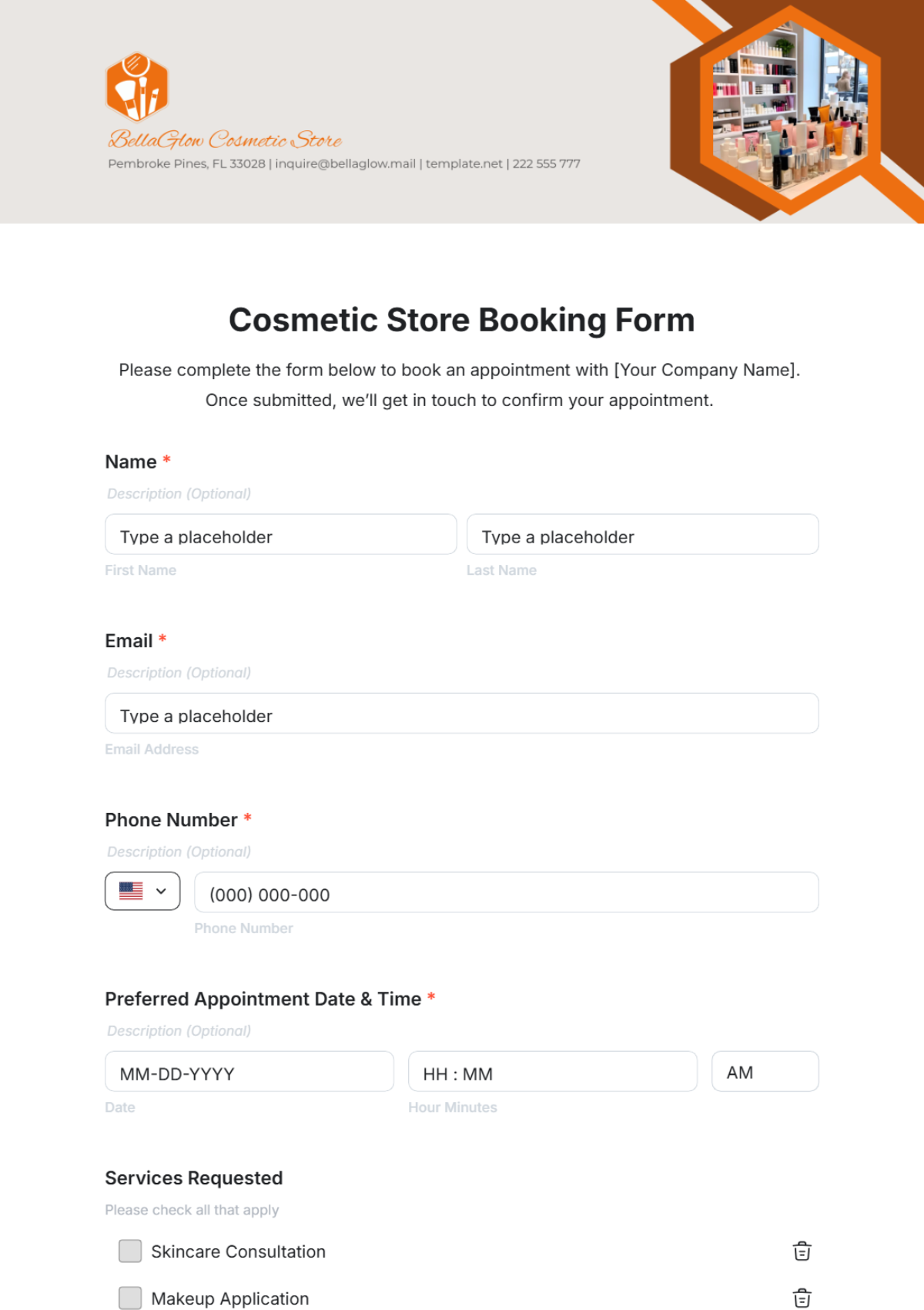 Cosmetic Store Booking Form Template - Edit Online & Download