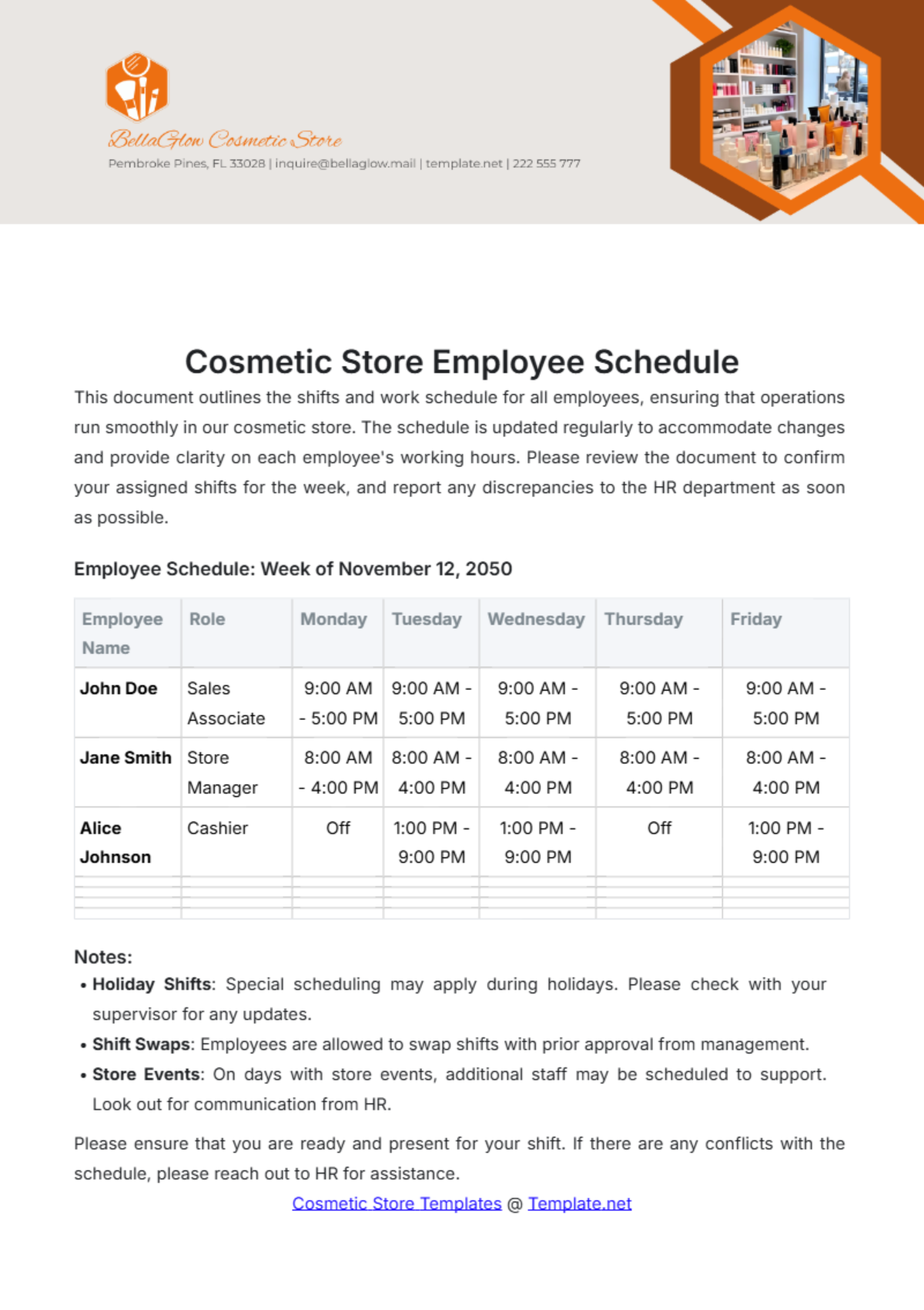 Cosmetic Store Employee Schedule Template - Edit Online & Download