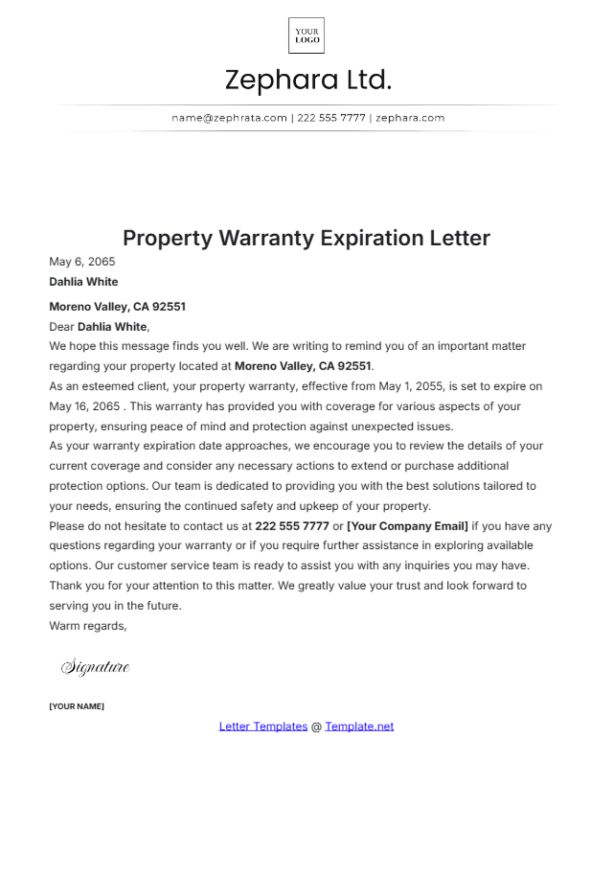 Property Warranty Expiration Letter Template