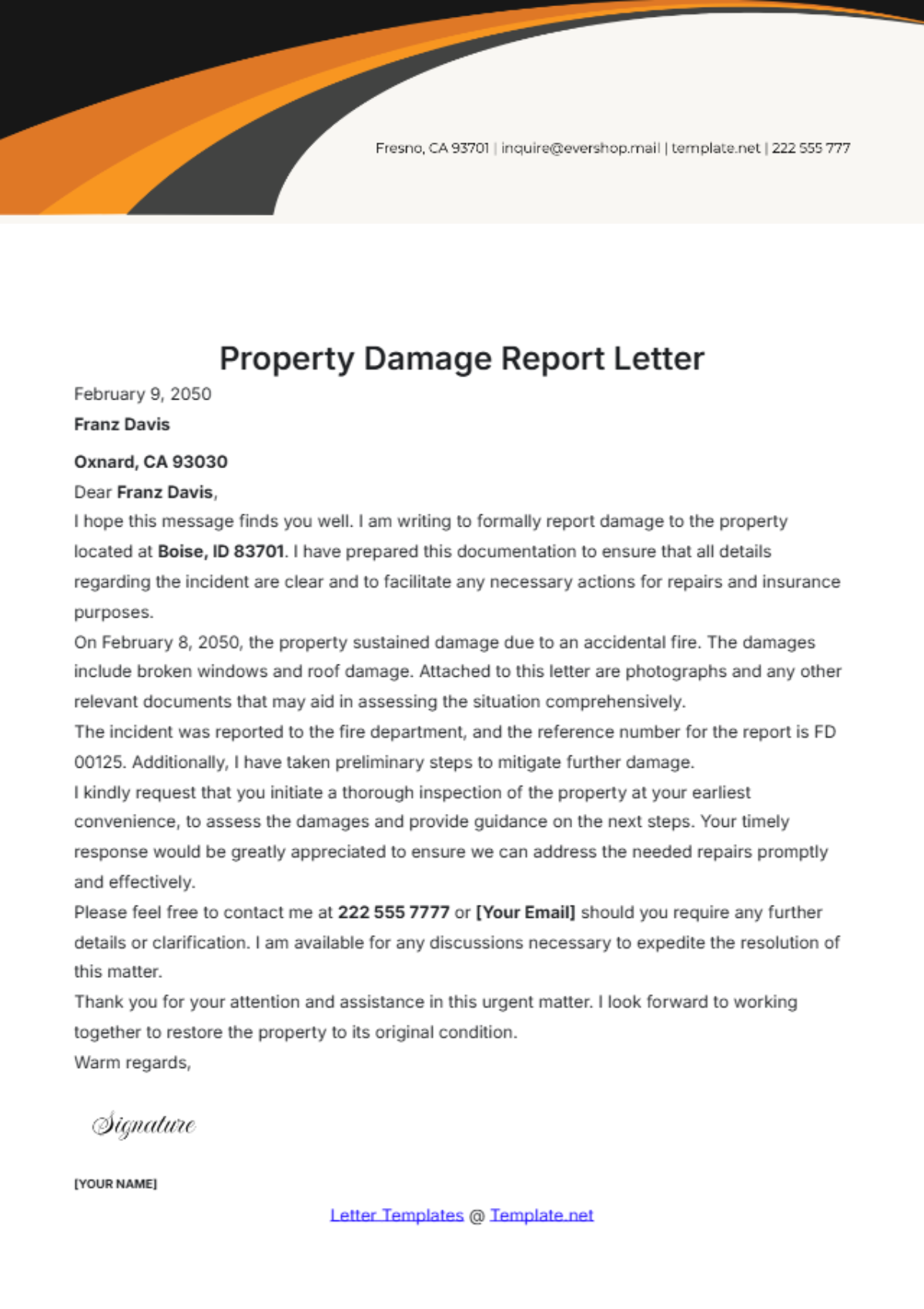 Property Damage Report Letter Template - Edit Online & Download