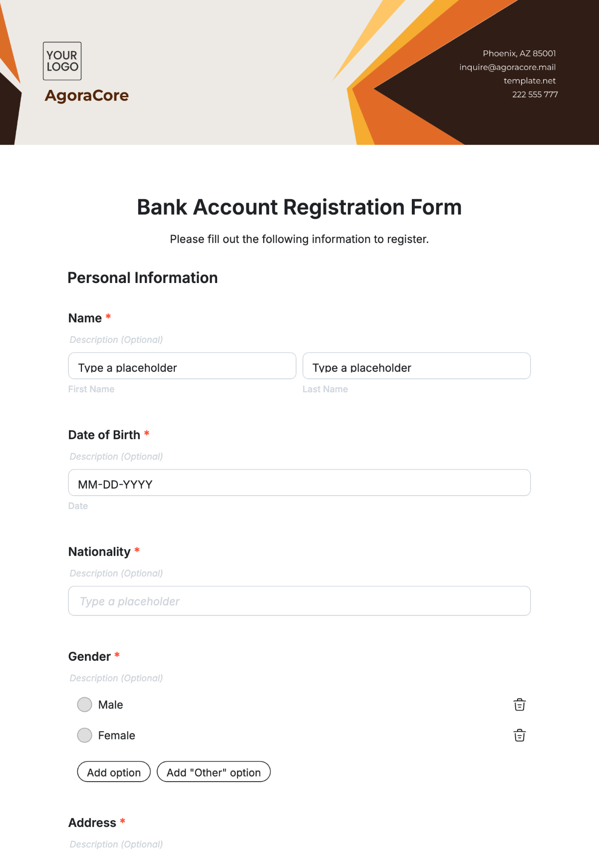 Bank Account Registration Form Template - Edit Online & Download