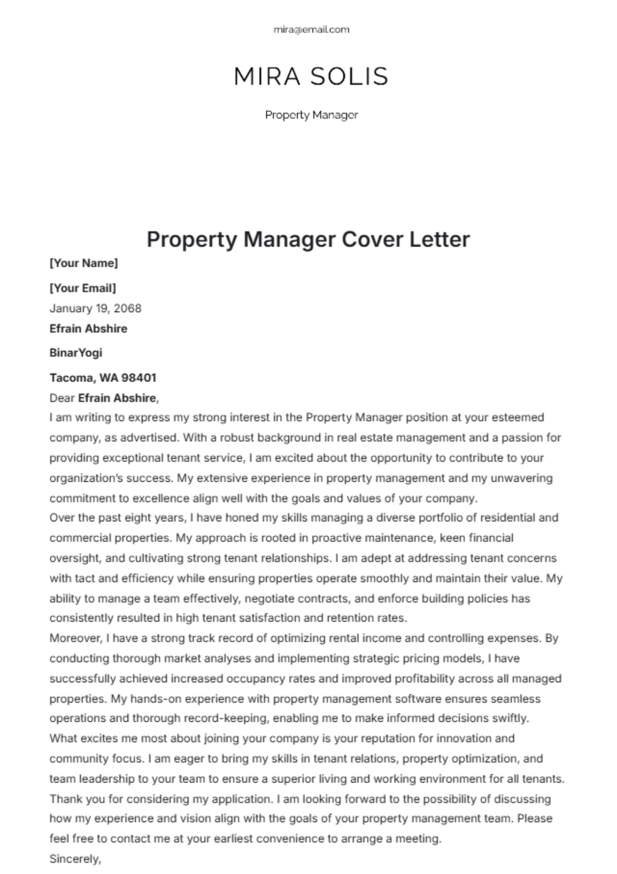 Property Manager Cover Letter Template