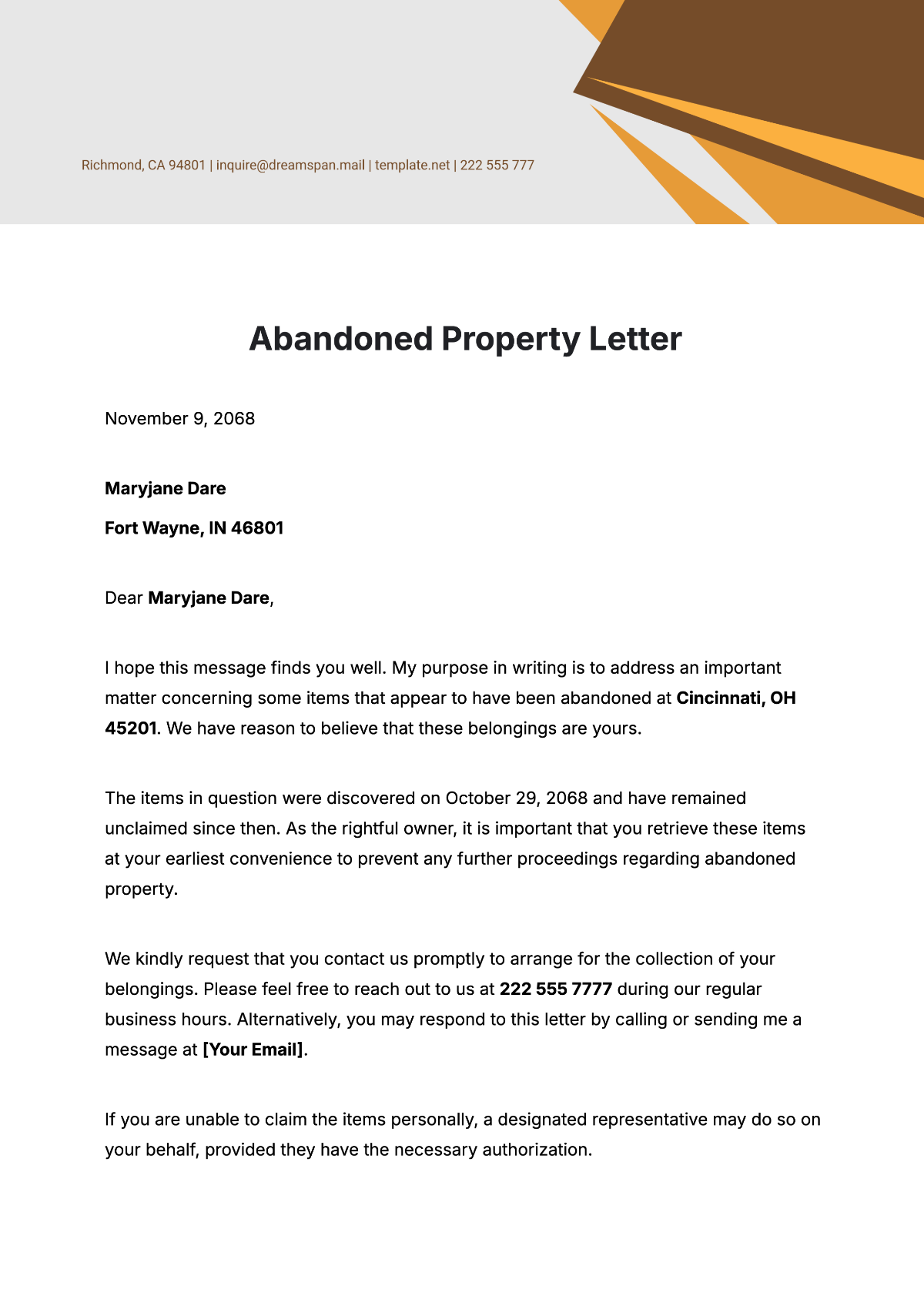 Abandoned Property Letter Template - Edit Online & Download