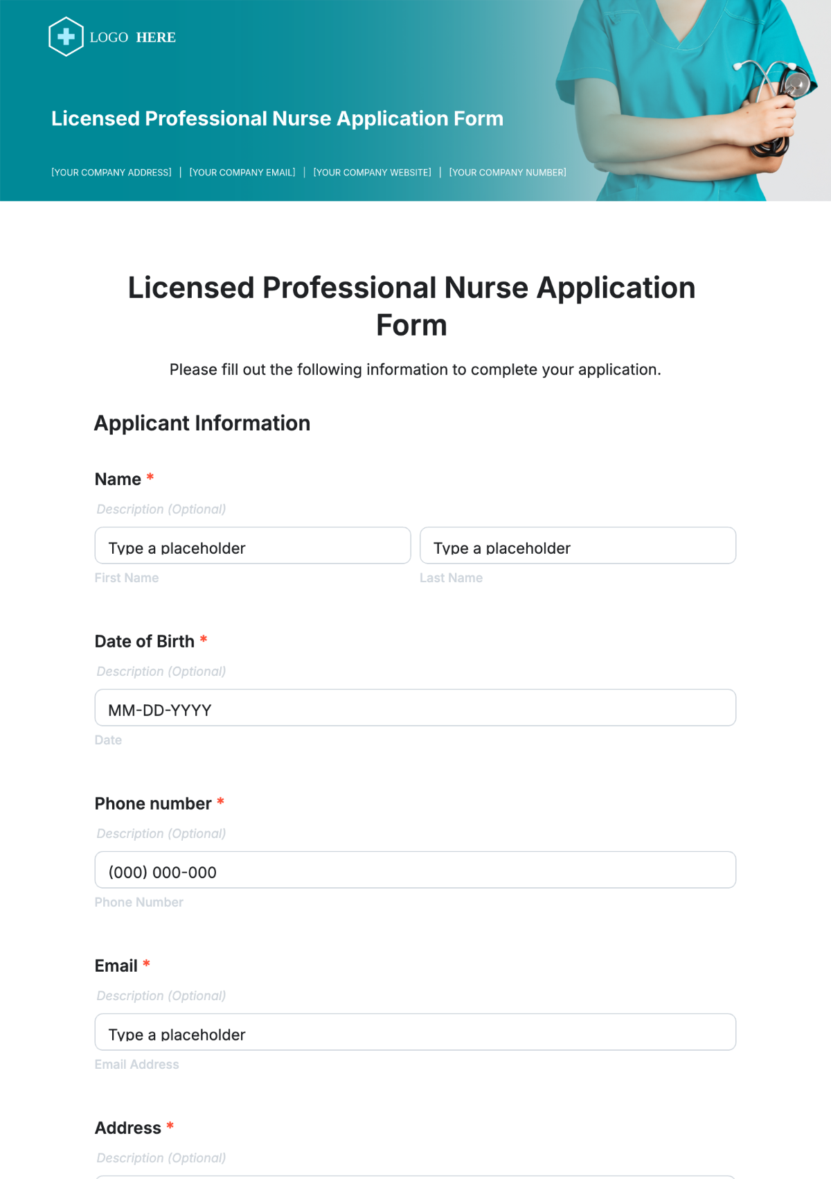 Licensed Professional Nurse Application Form Template