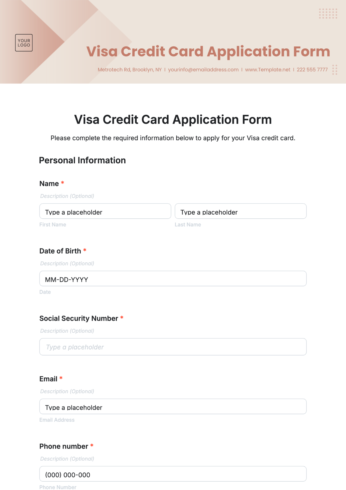 Visa Credit Card Application Form Template - Edit Online & Download