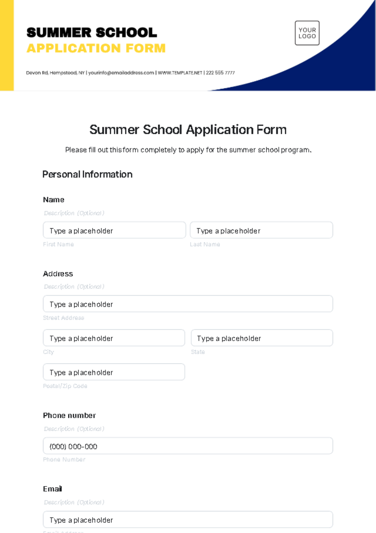 Summer School Application Form Template - Edit Online & Download