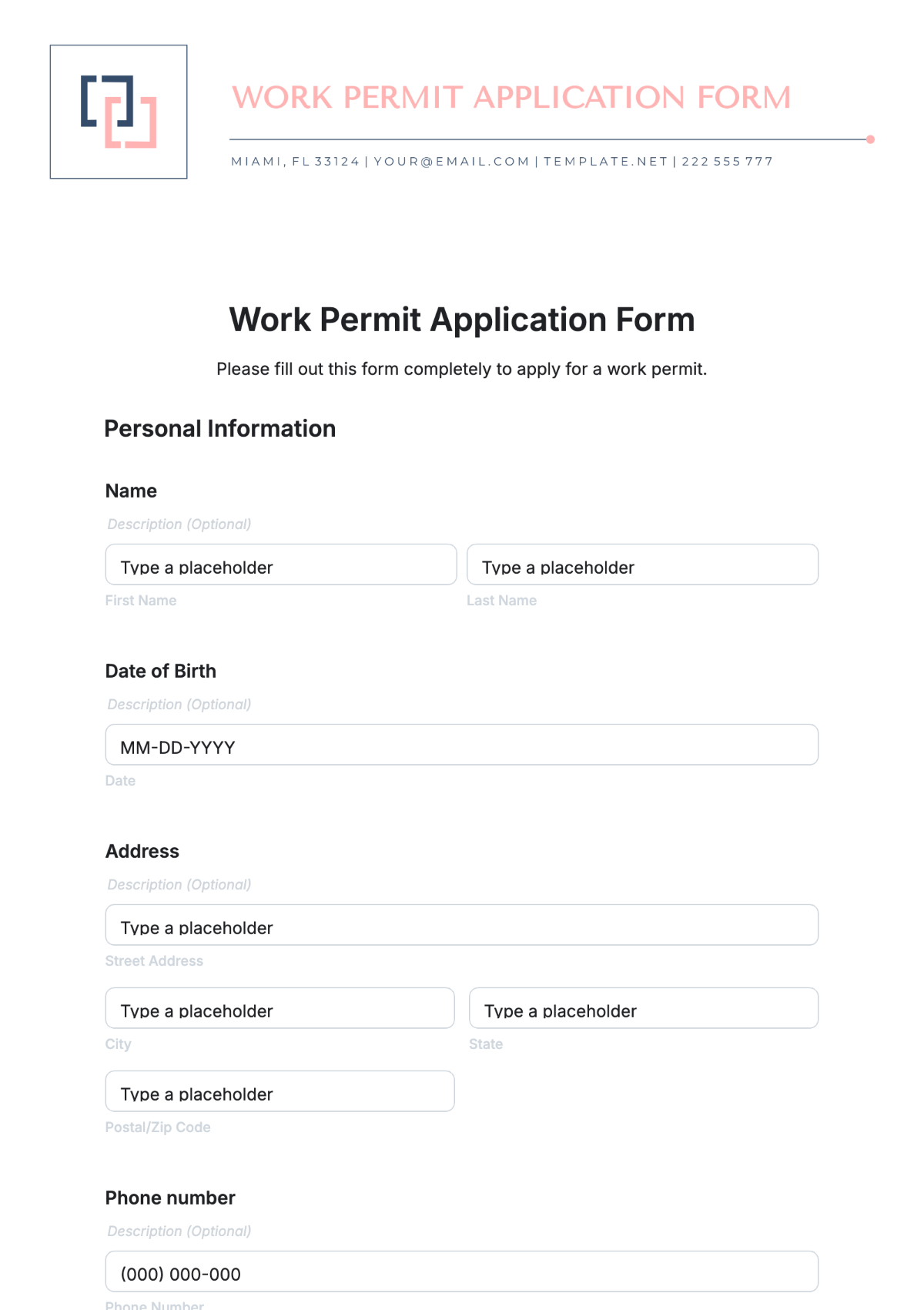 Work Permit Application Form Template - Edit Online & Download