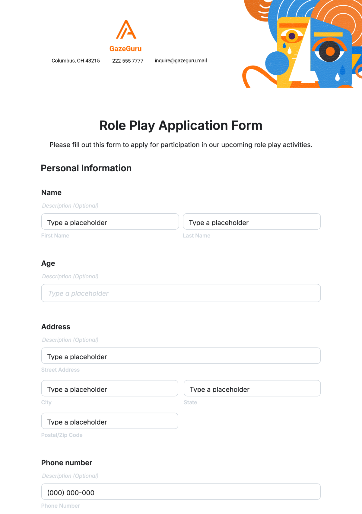 Role Play Application Form Template